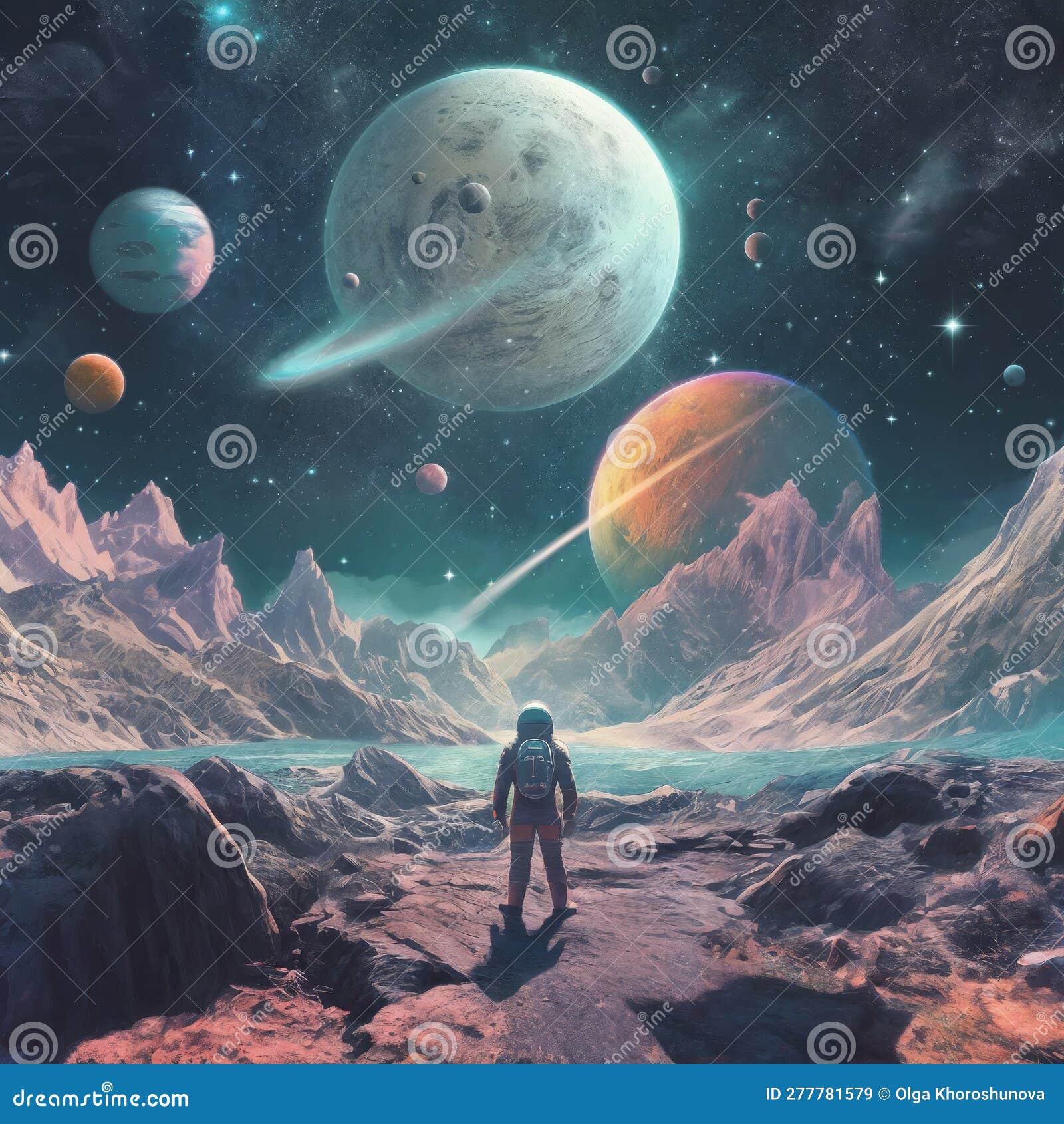 astronaut exploring fantasy planet, night sky on background. ai generative
