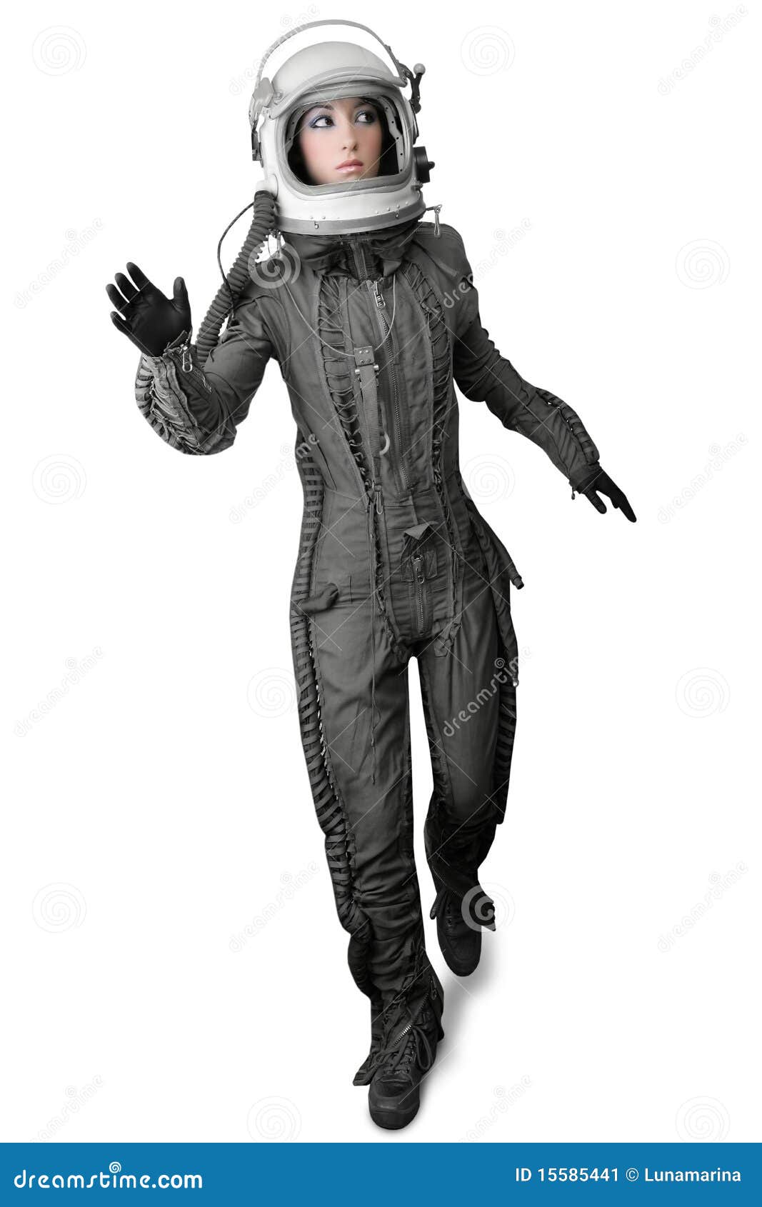 Astronaut Fashion Stand Woman Space Suit Helmet Stock Image - Image of