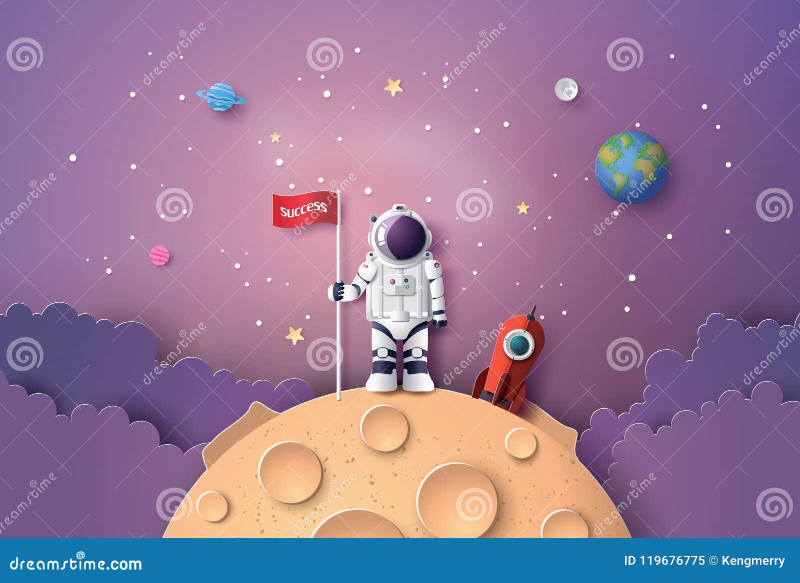 astronaut with flag on the moon