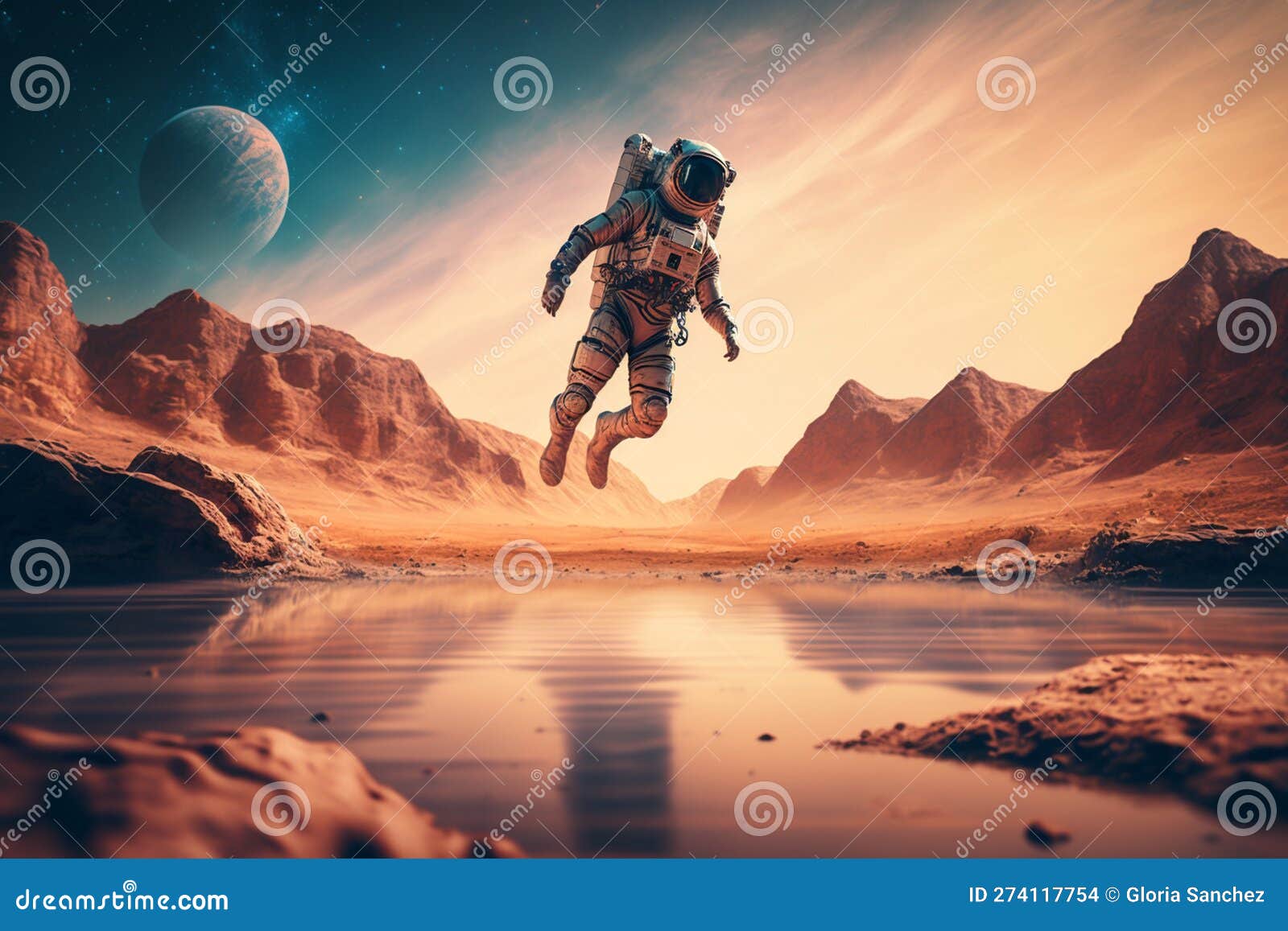 astronaut floating in the air on an alien planet , generative ai