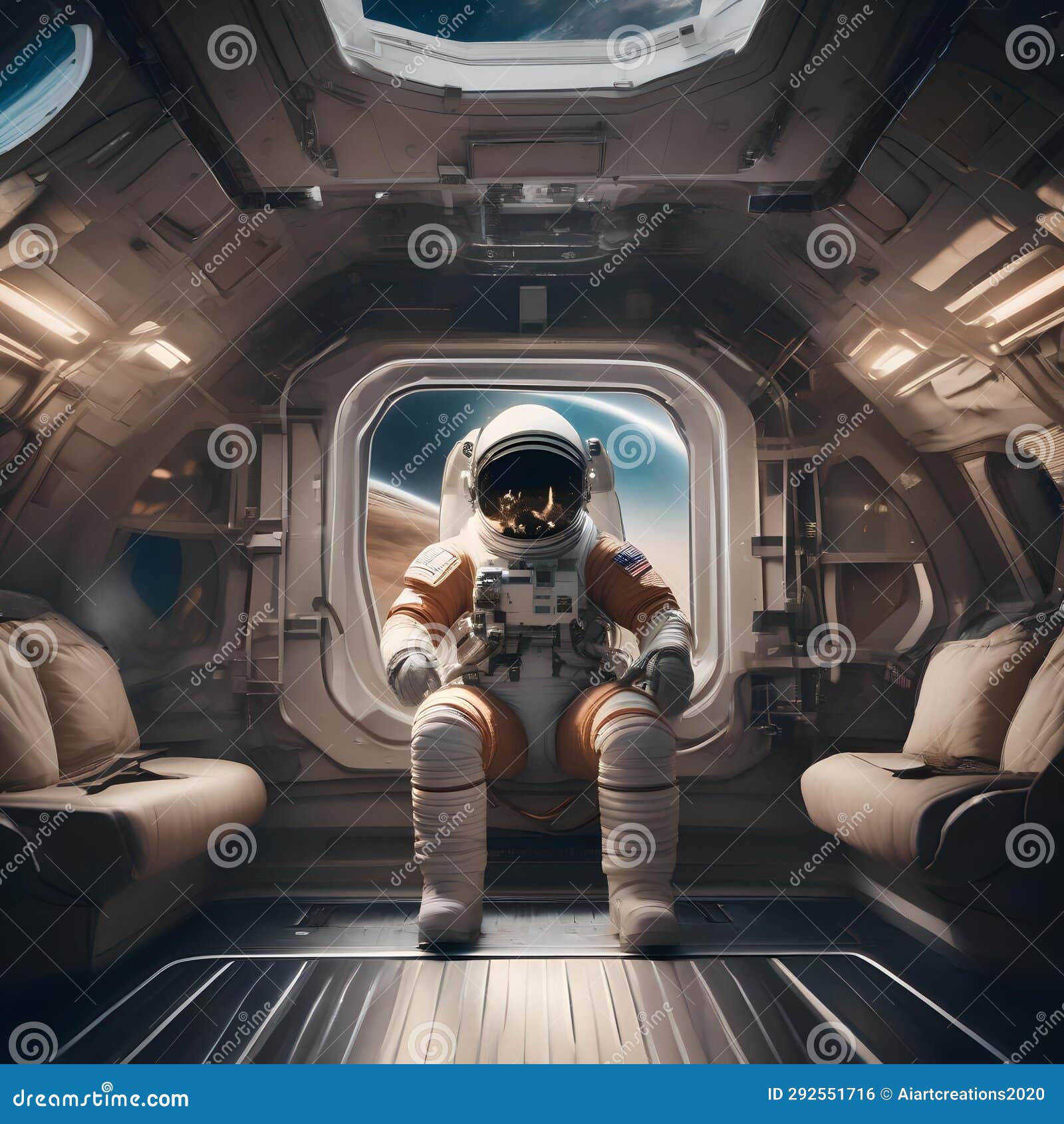 an astronaut floating inside a spacecraft, looking out of the window at the vastness of space1