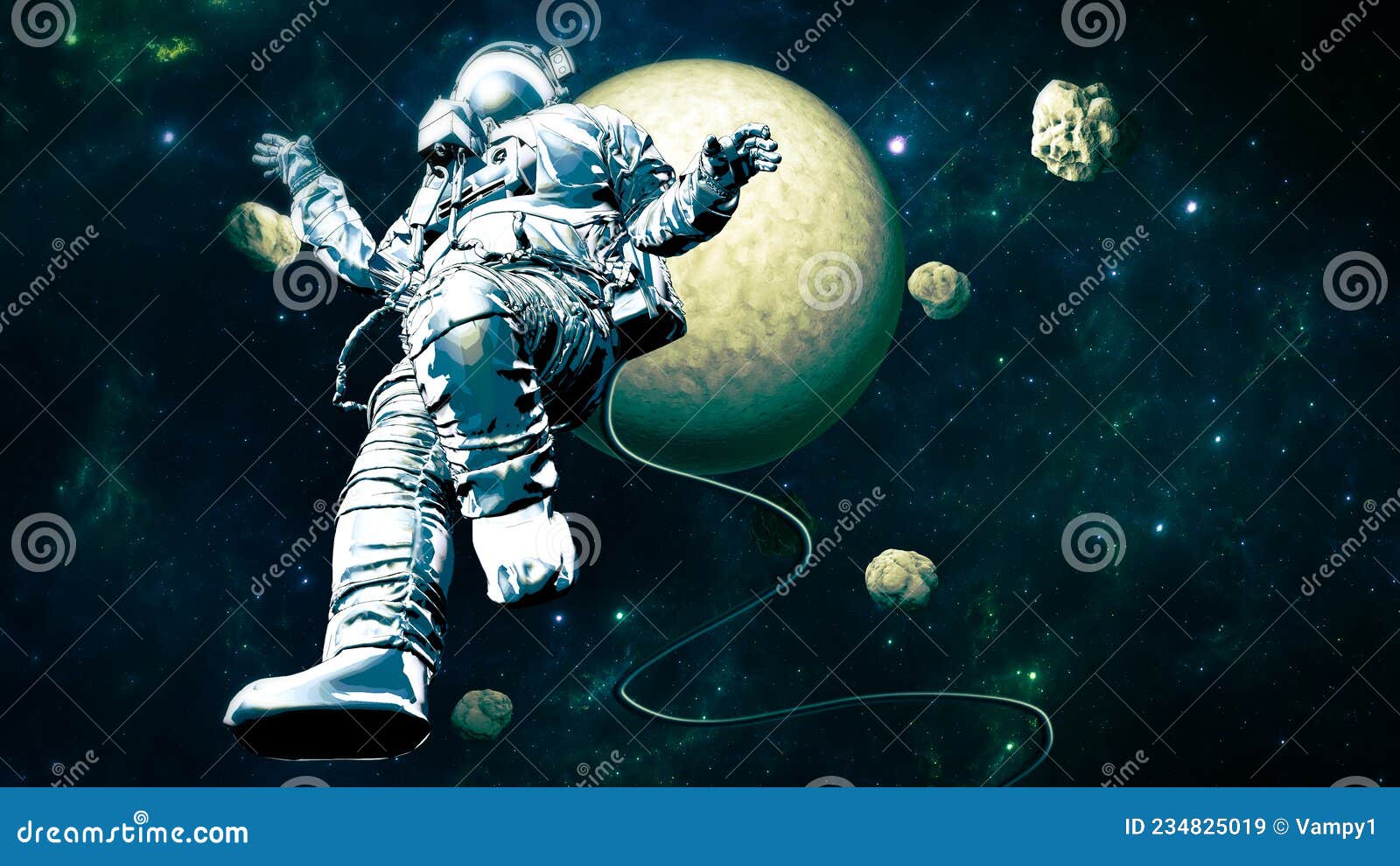 astronaut floating in space. new worlds and unexplored galaxies. asteroids and planet