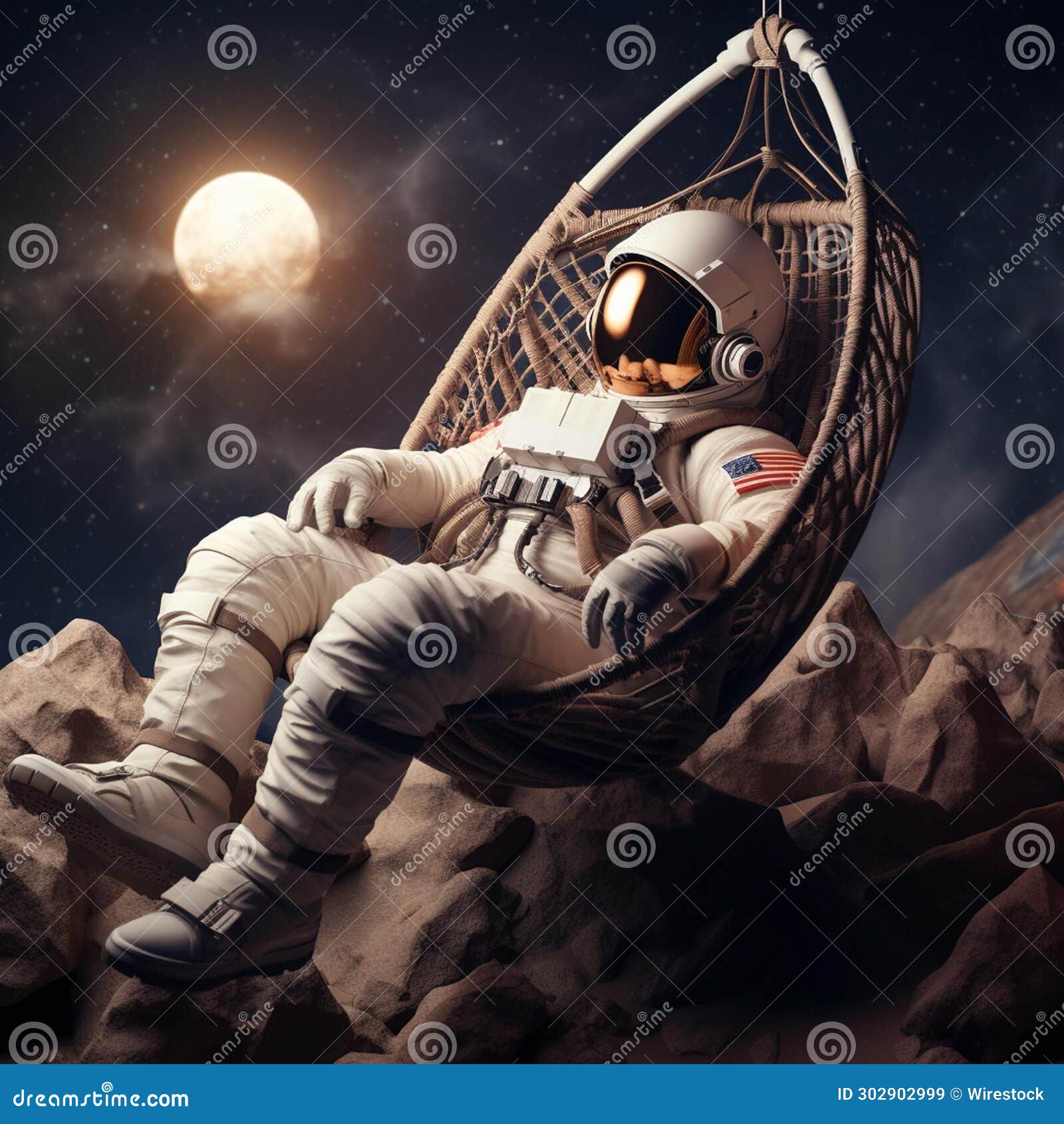 astronaut floating in a swing chair in front of a beautiful starry night sky, ai-generated.