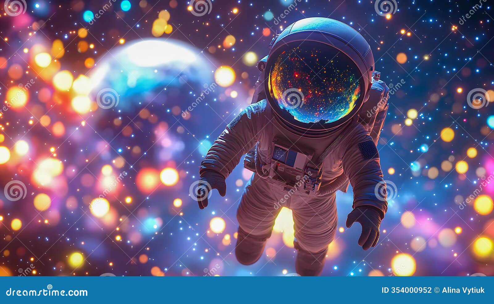 astronaut floating in vibrant cosmic space with colorful glowing bokeh