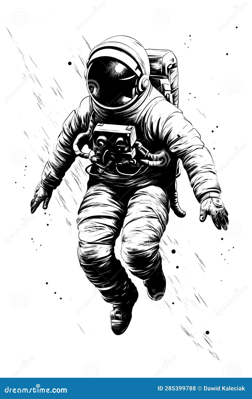 Black and white manga-style drawing of a female astronaut surrounded by  machinery on Craiyon
