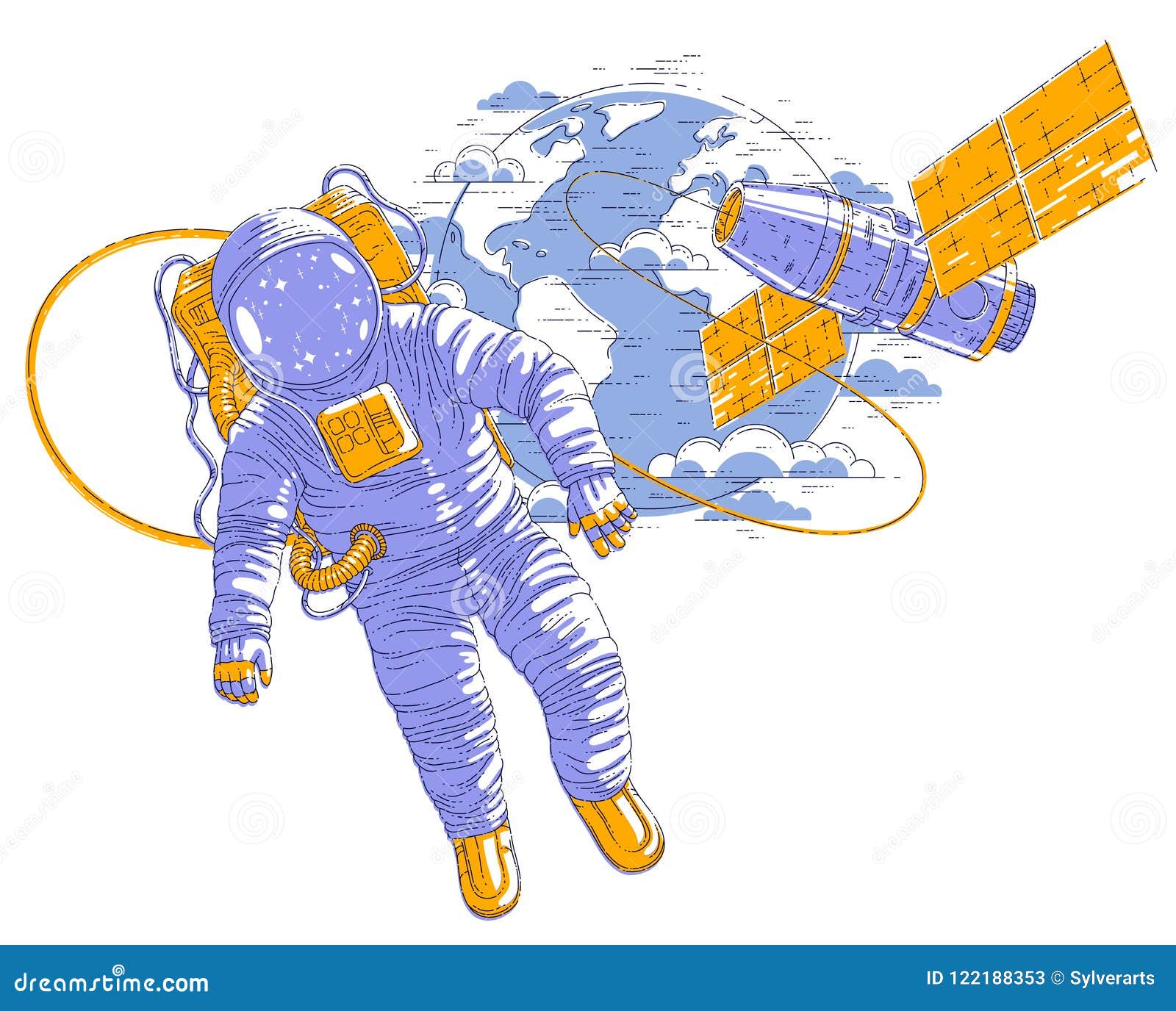 Astronaut Flying in Open Space Connected To Space Station and Ea Stock ...