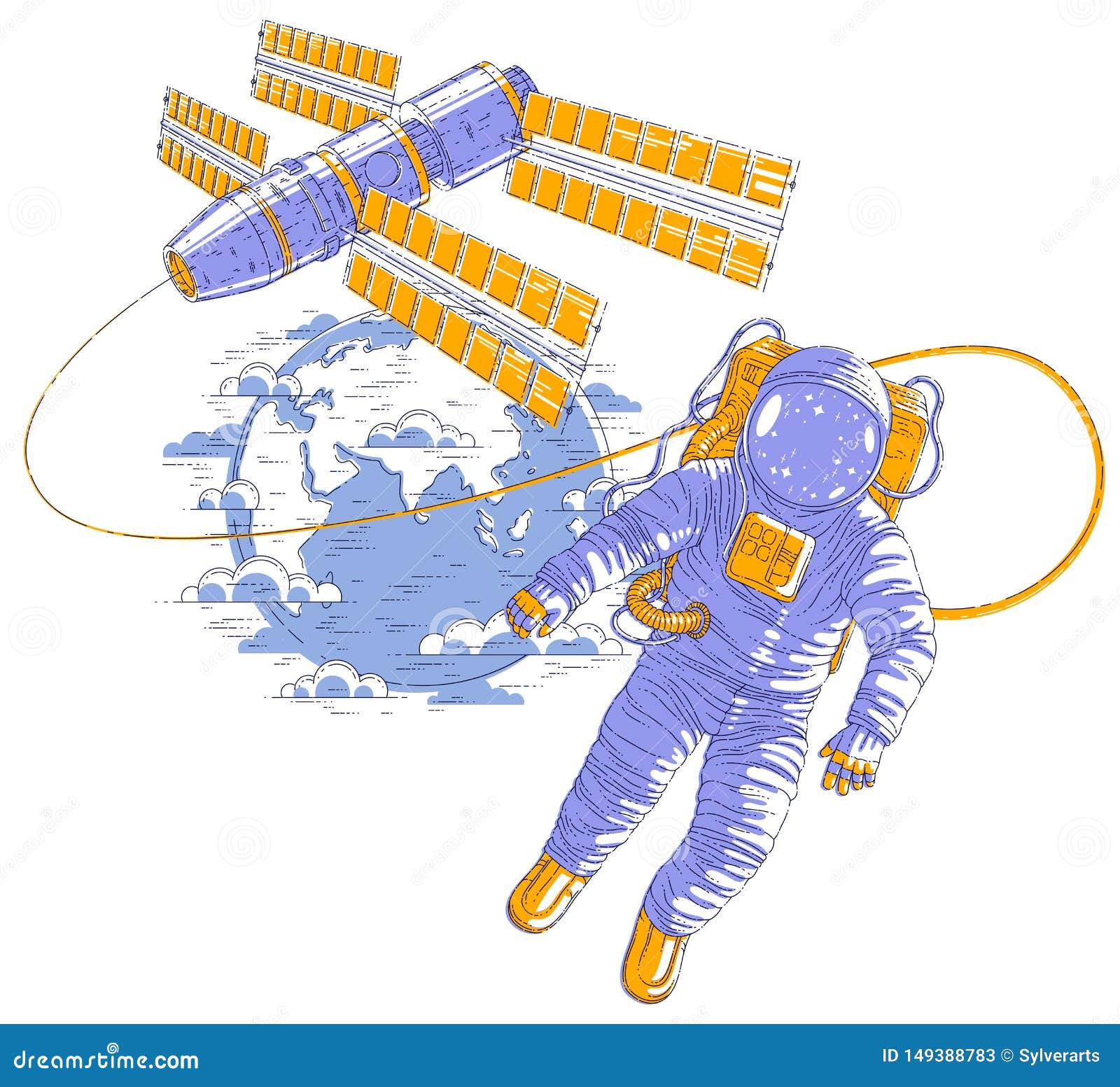 Astronaut Flying in Open Space Connected To Space Station and Earth ...