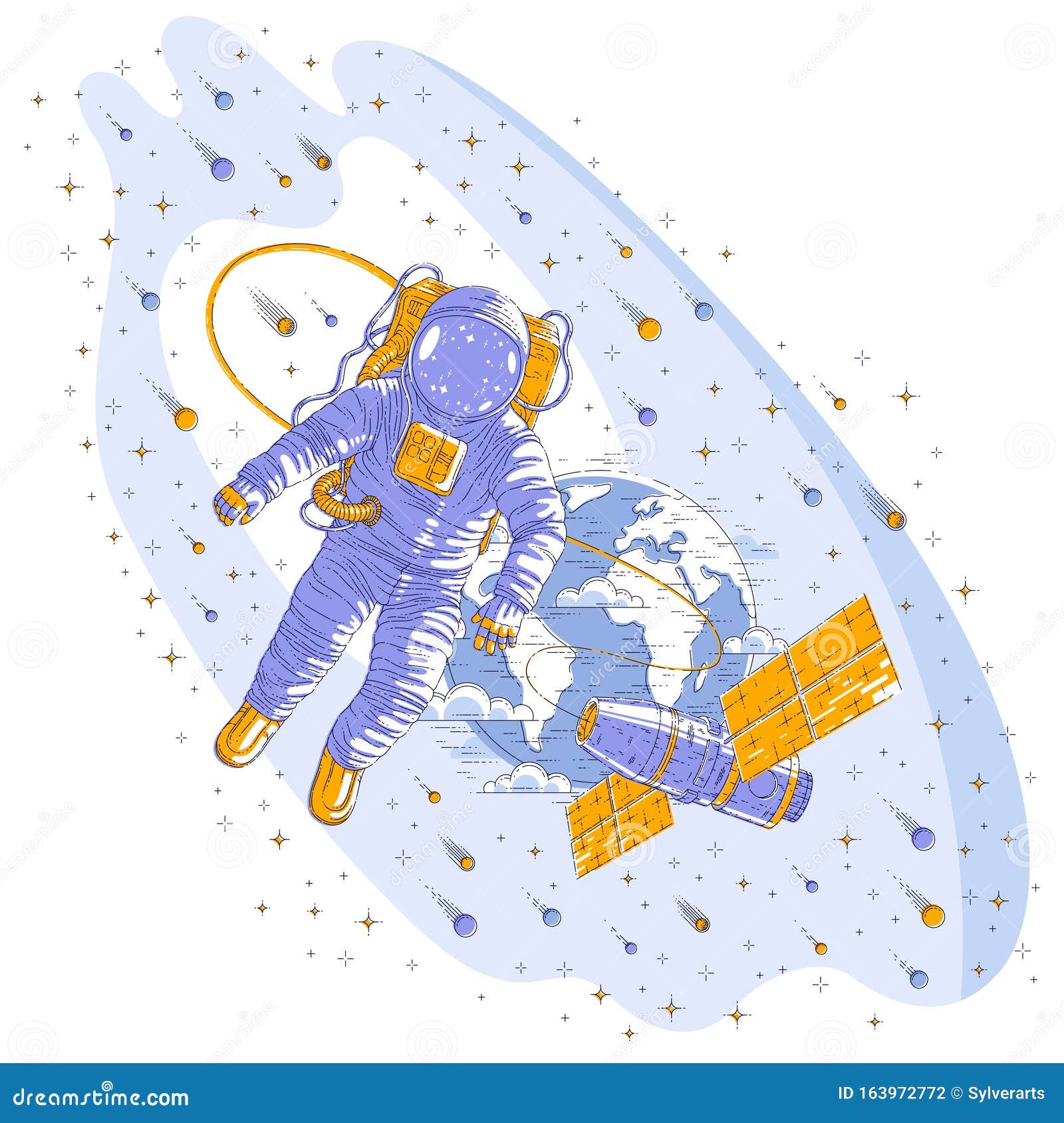 Astronaut Flying in Open Space Connected To Space Station and Earth ...