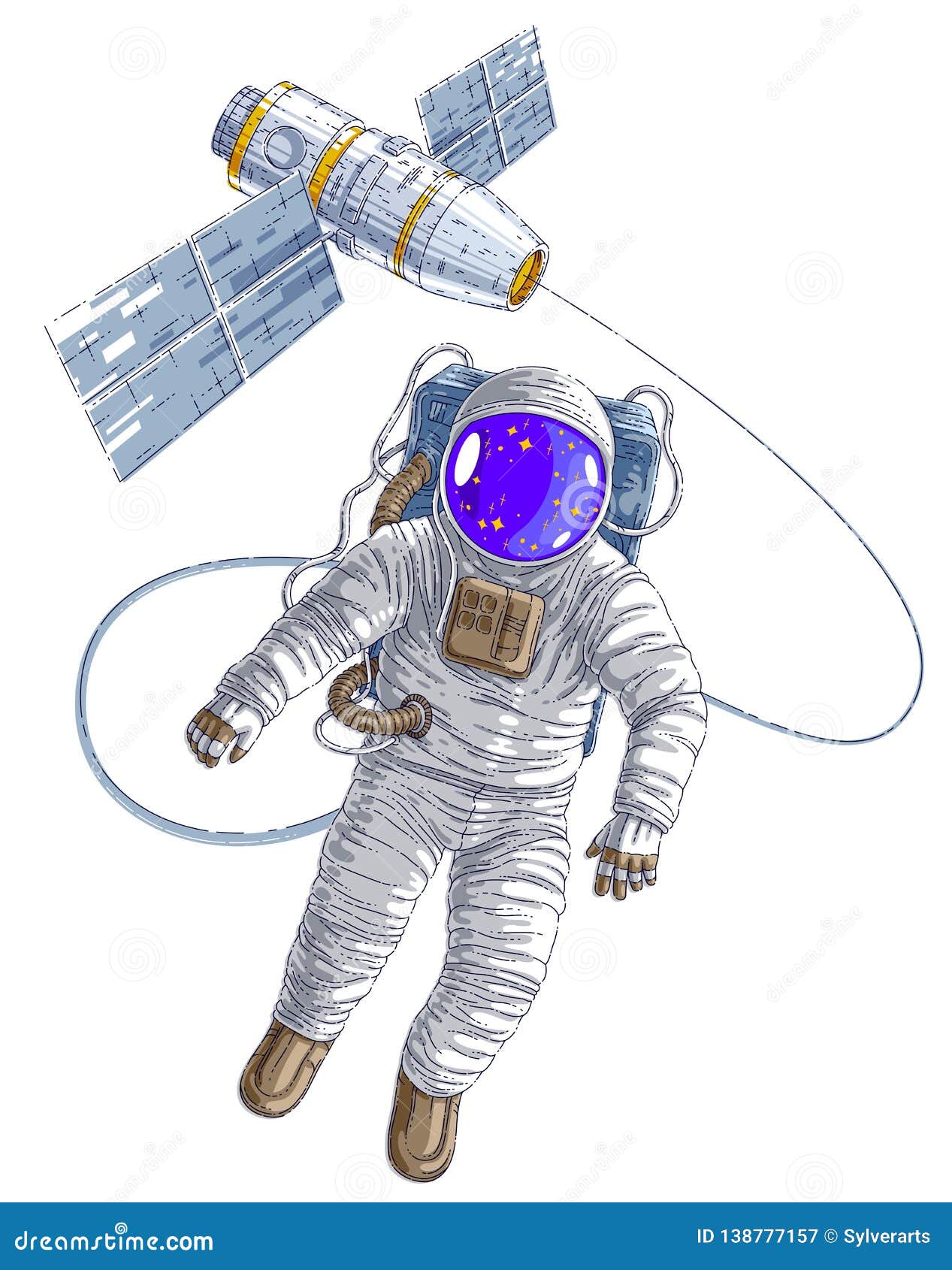 Astronaut Flying in Open Space Connected To Space Station, Spaceman in ...