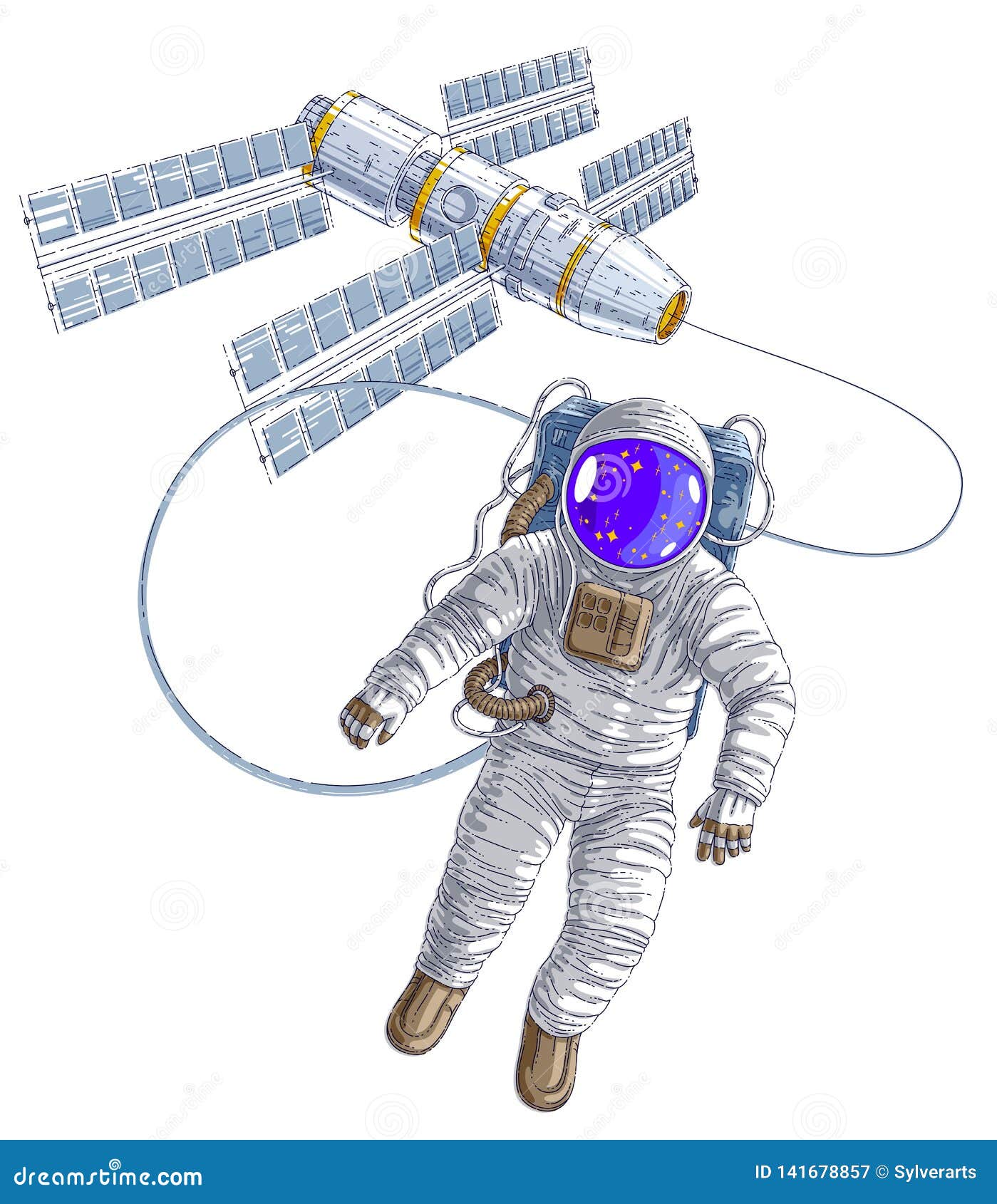 Astronaut Flying in Open Space Connected To Space Station, Spaceman in ...