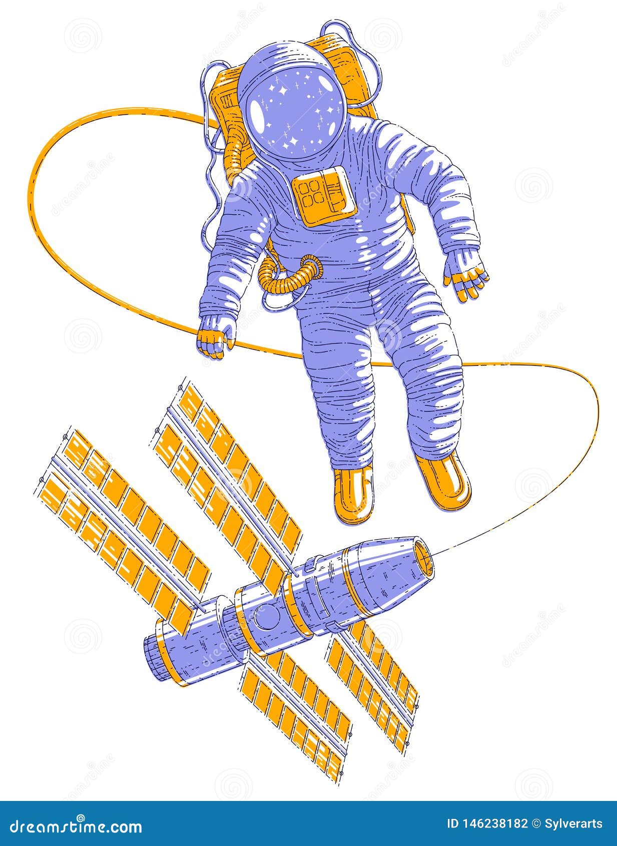 Astronaut Flying in Open Space Connected To Space Station, Spaceman in ...