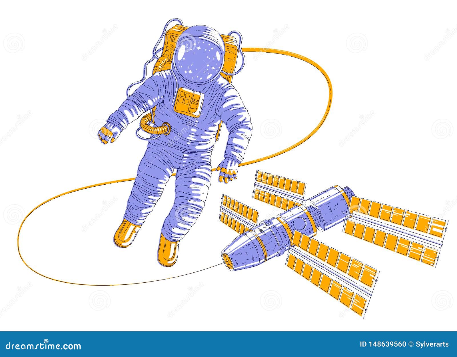 Astronaut Flying in Open Space Connected To Space Station, Spaceman in ...