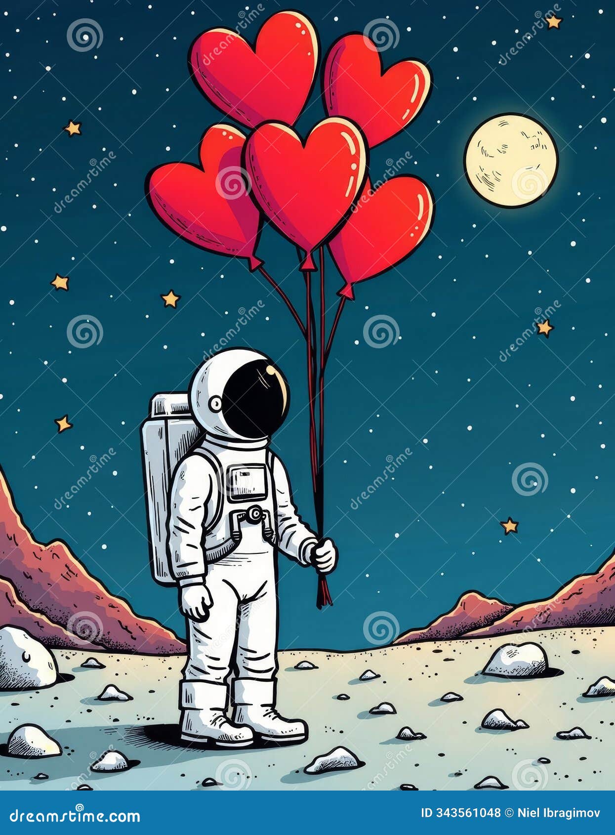 astronaut holding heart balloons on a romantic moonlit night