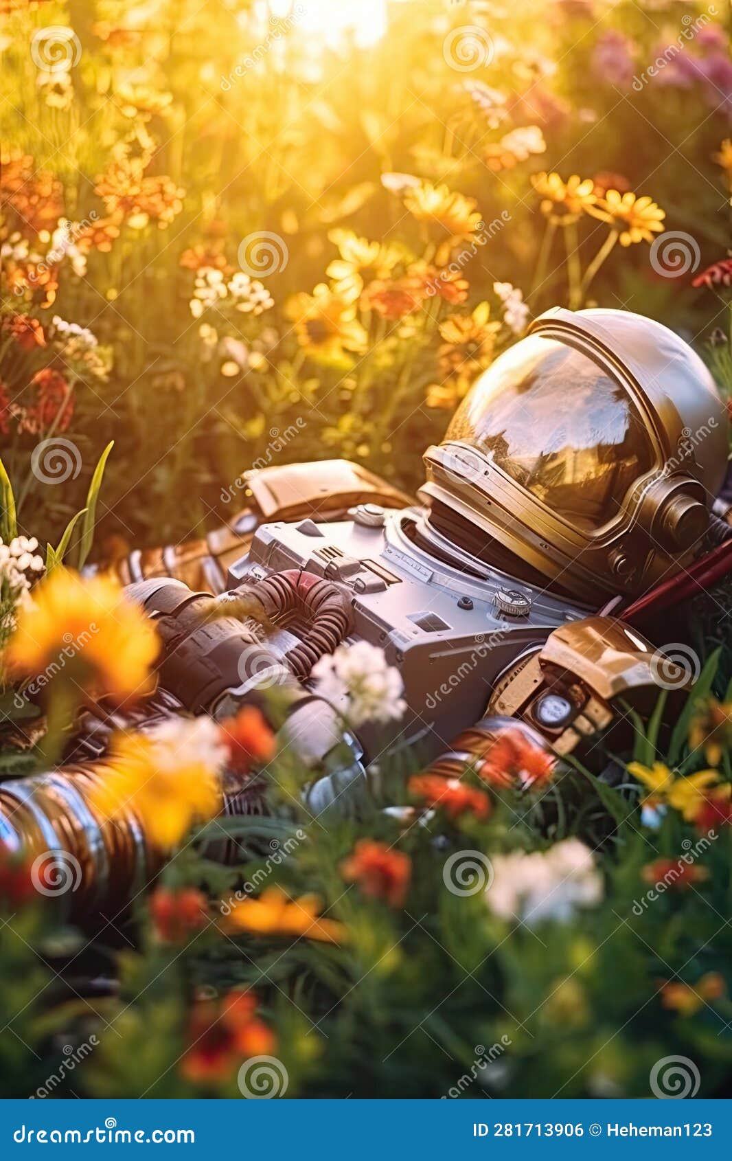 astronaut lying in a flower field looking up at the sky