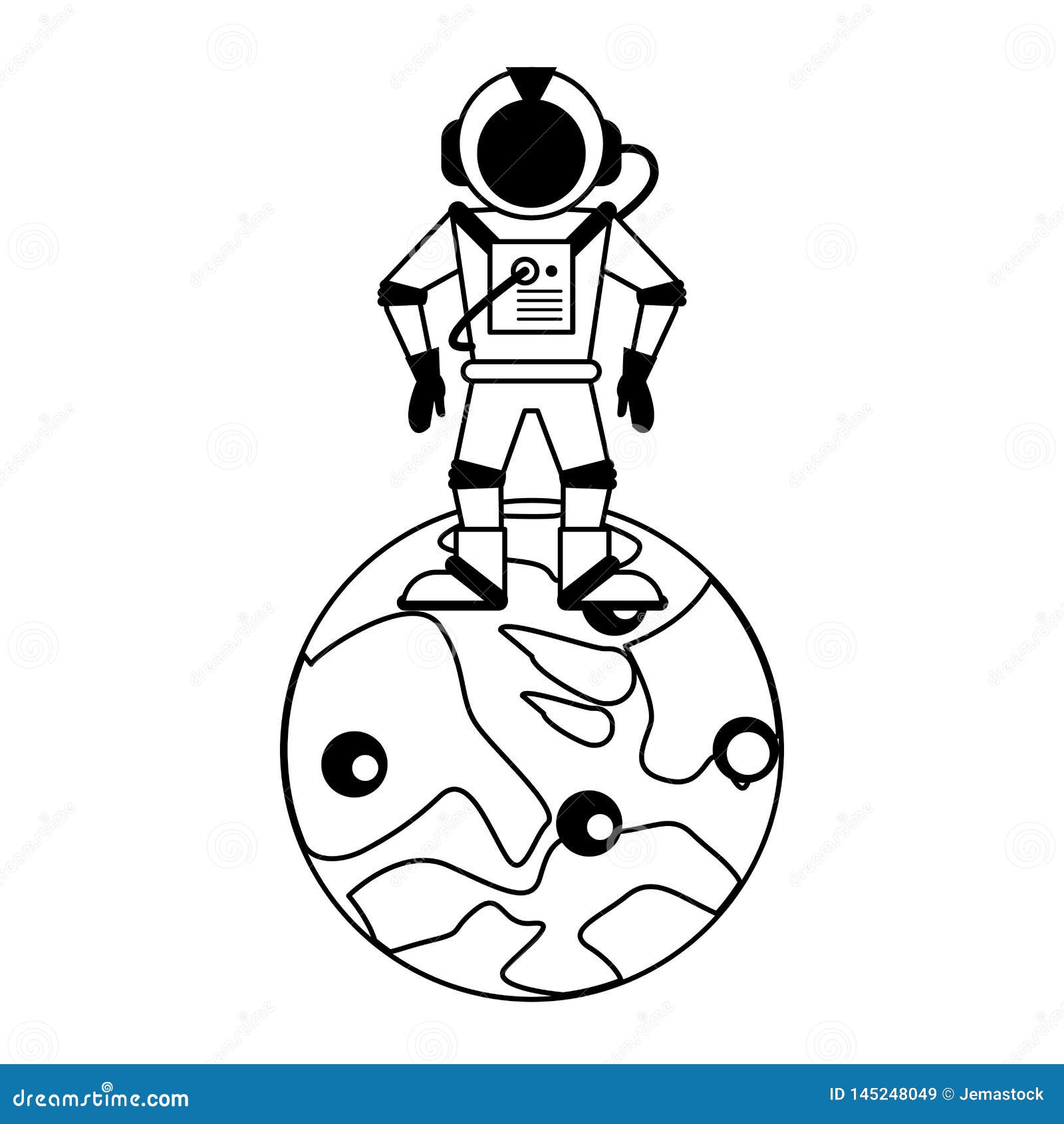 Astronaut on Moon Cartoon Isolated in Black and White Stock Vector -  Illustration of background, helmet: 145248049