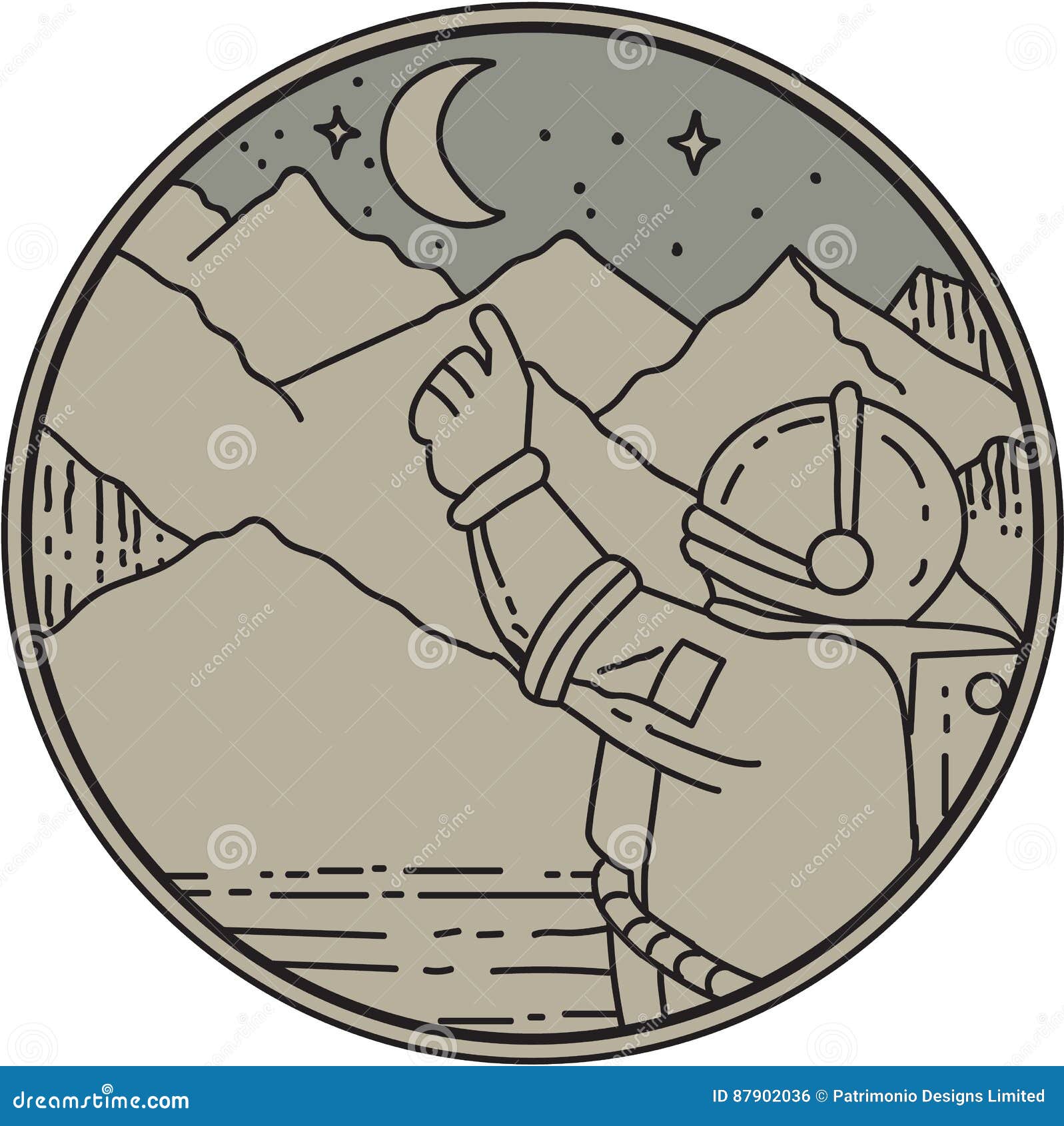 astronaut moon stars circle mono line
