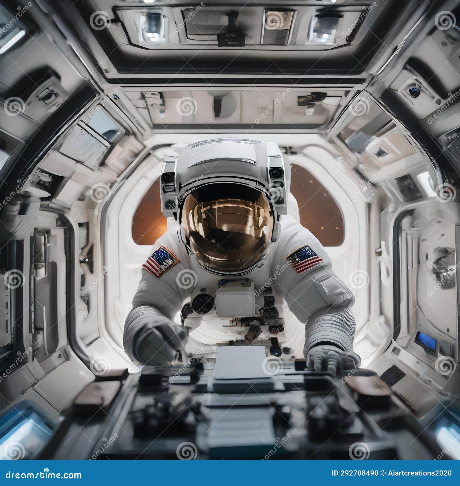 an astronaut performing experiments aboard a spacecraft, floating in the microgravity of space2