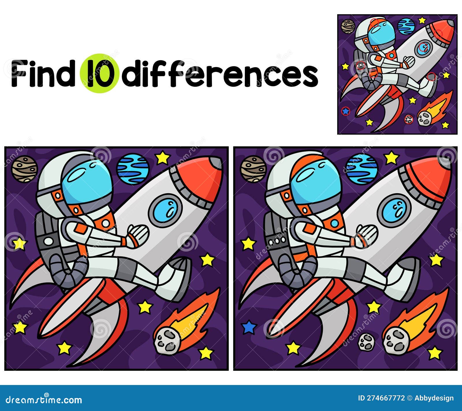 Astronaut with Rocket Ship Find the Differences Stock Vector - Illustration  of lunar, meteor: 274667772