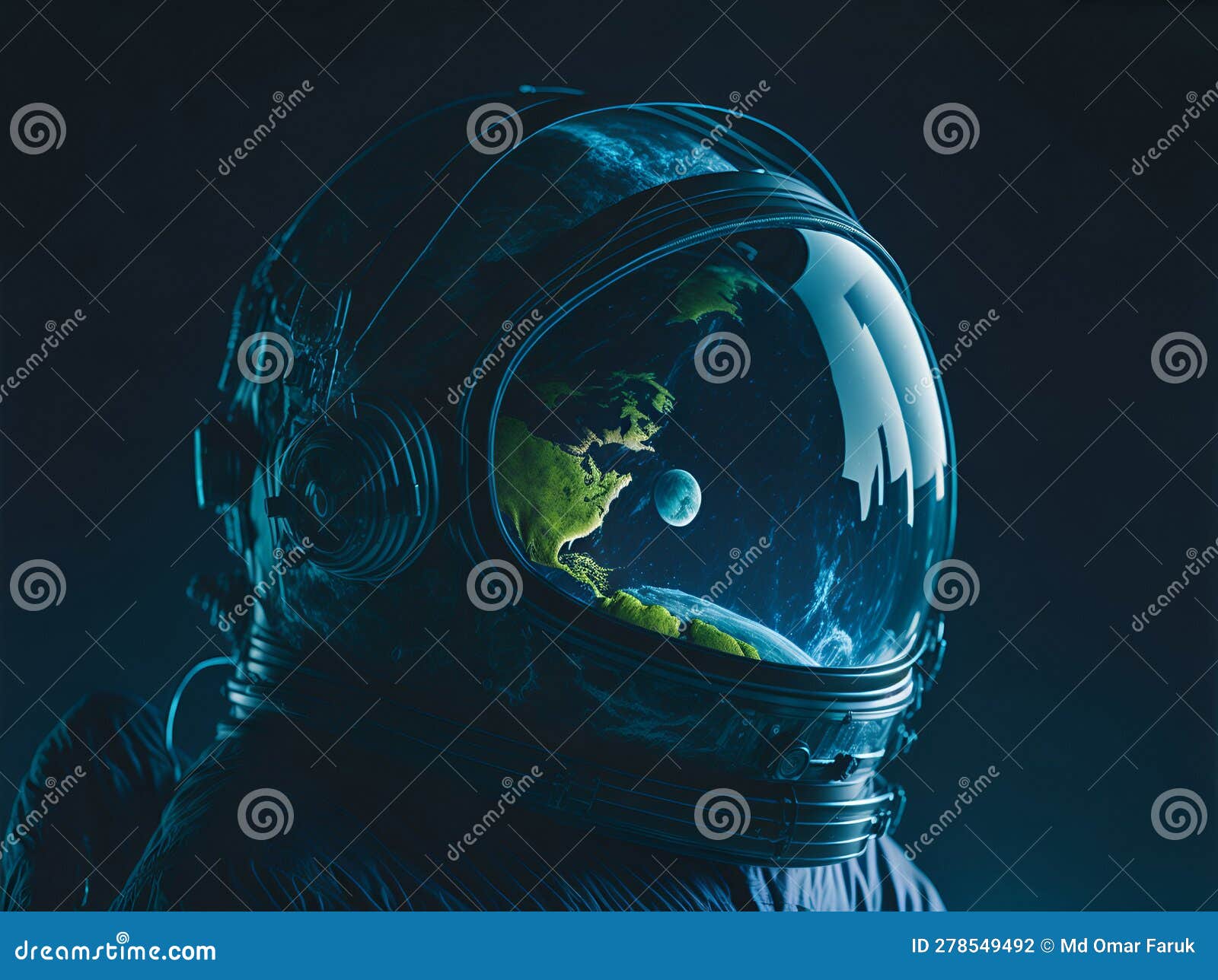 an astronautâs helmet mirror of earth and moon.