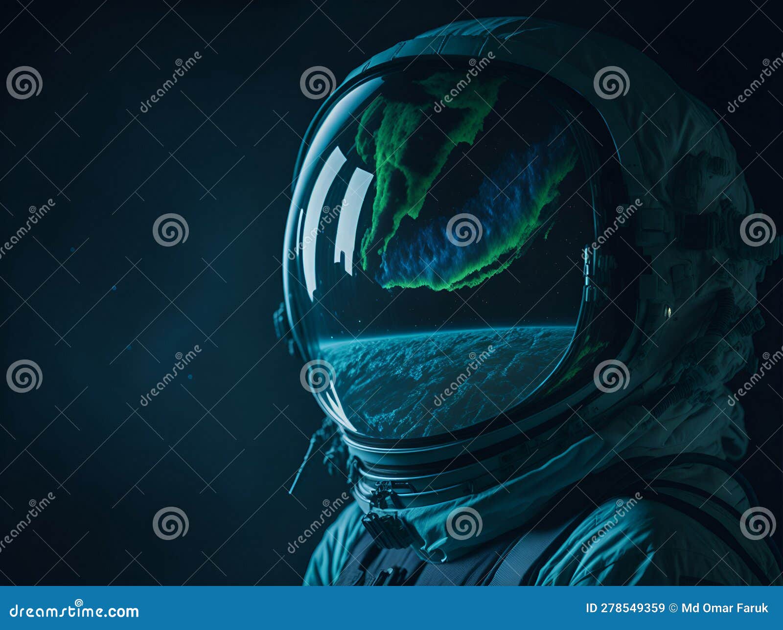 an astronautâs helmet mirror of the earth and space.
