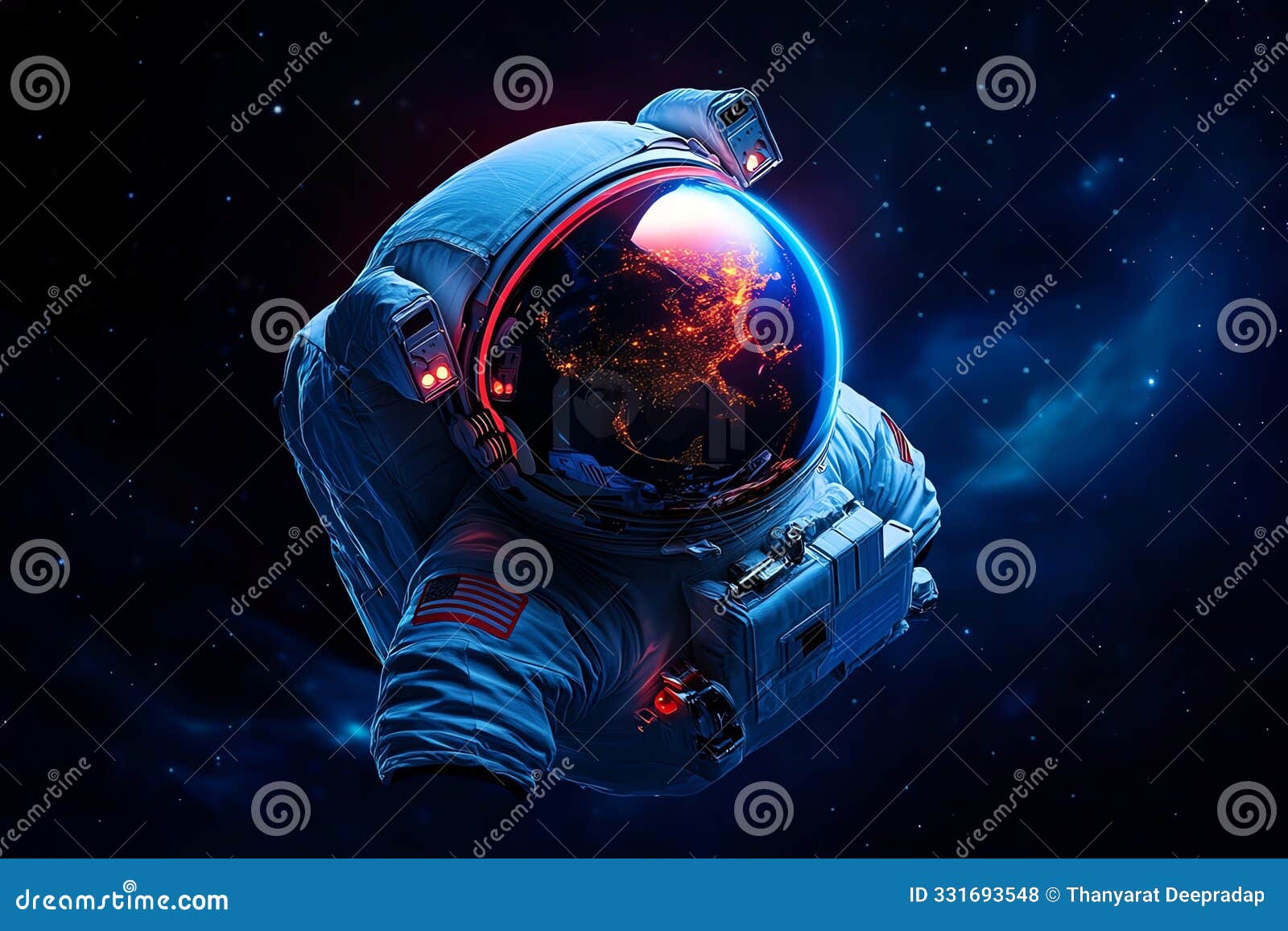 an astronaut's helmet reflects the earth, a vibrant red orb against the vast darkness of space