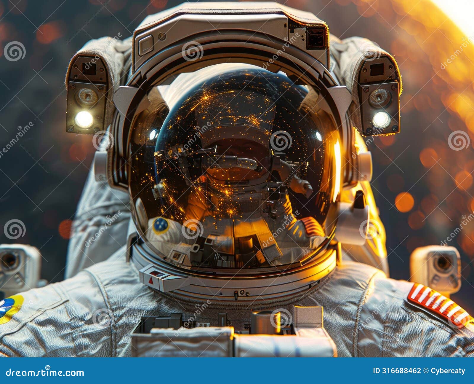 the astronaut's space suit fills the frame, with the glass of the helmet reflecting the vast expanse of space