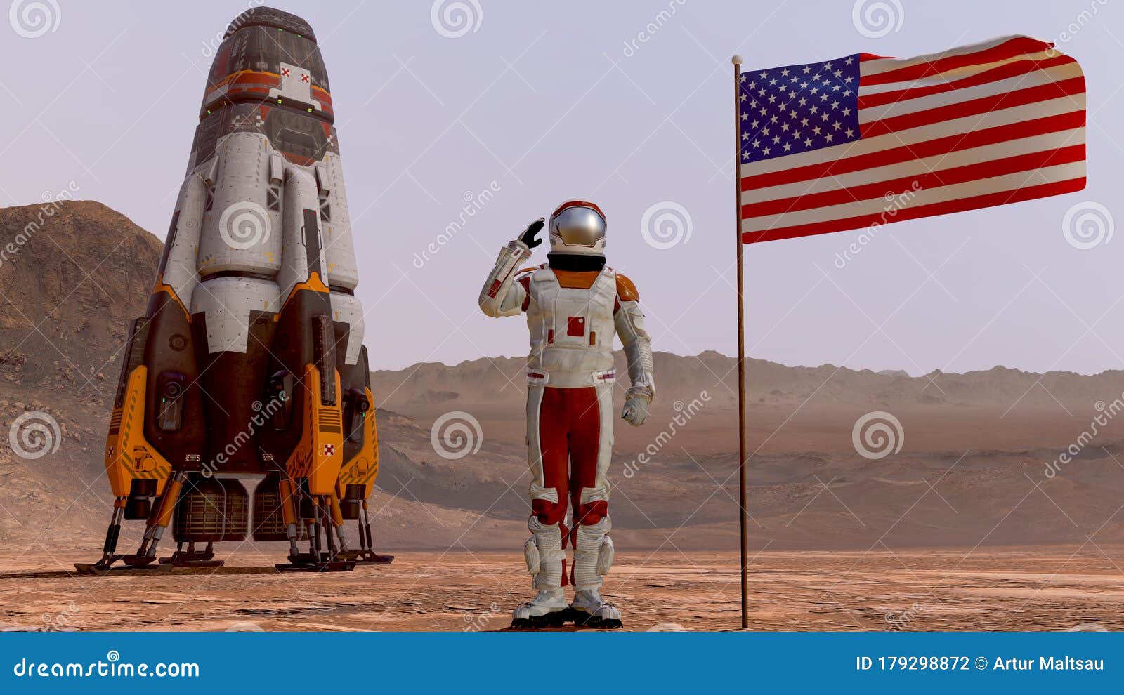 astronaut saluting the american flag. exploring mission to mars. futuristic colonization and space exploration concept. 3d