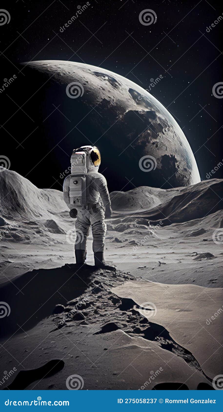 astronaut sat on the lunar surface observing the universe. cosmonaut exploring new destinations.