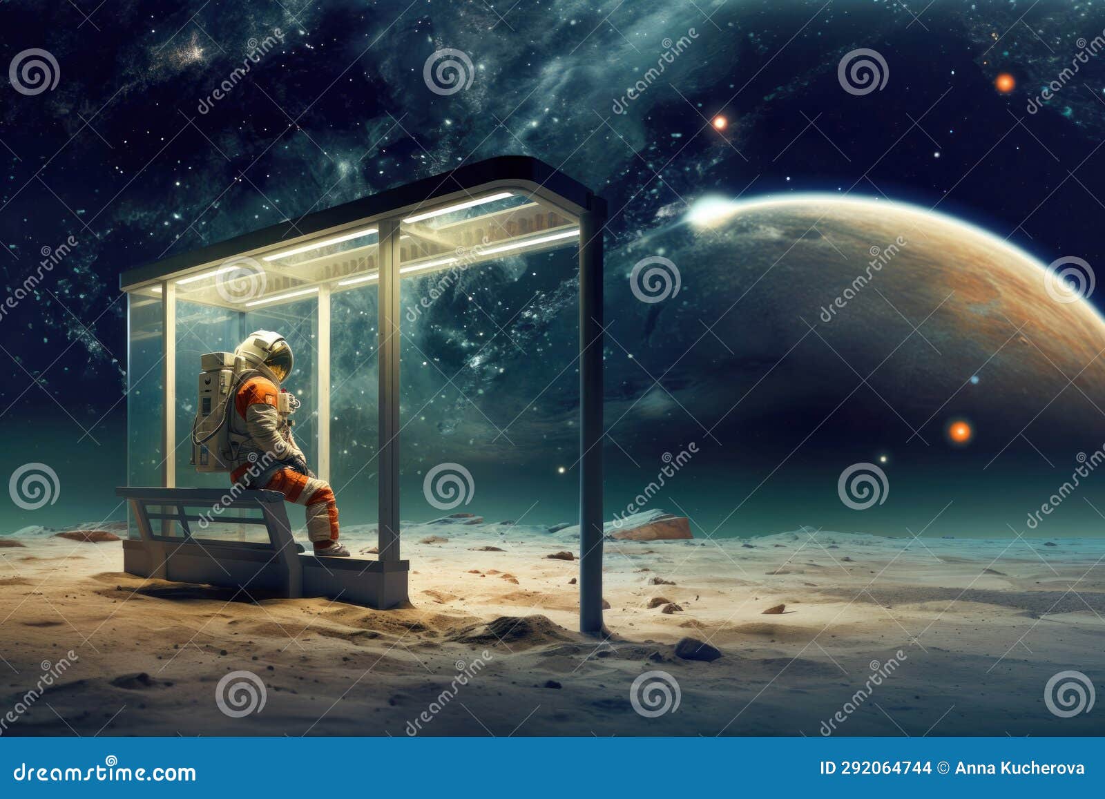 astronaut sits at a bus stop under a star-speckled sky of another planet waiting for a transport to come. intergalactic travel sci