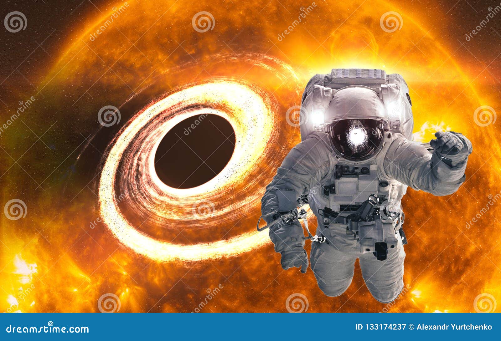 Astronaut in the Space with Orange Giant Star with Black Hole Behind.  Elements of this Image Furnished by NASA Stock Image - Image of people,  cosmos: 133174237