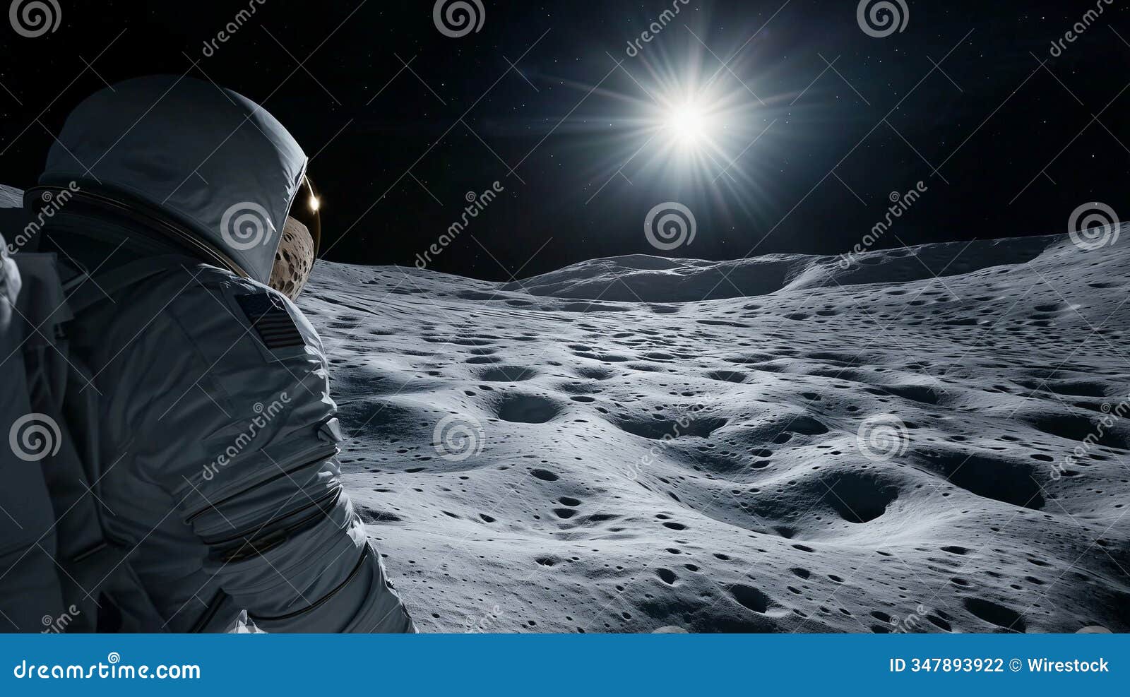 an astronaut in a space suit explores the moon's surface under a bright sun