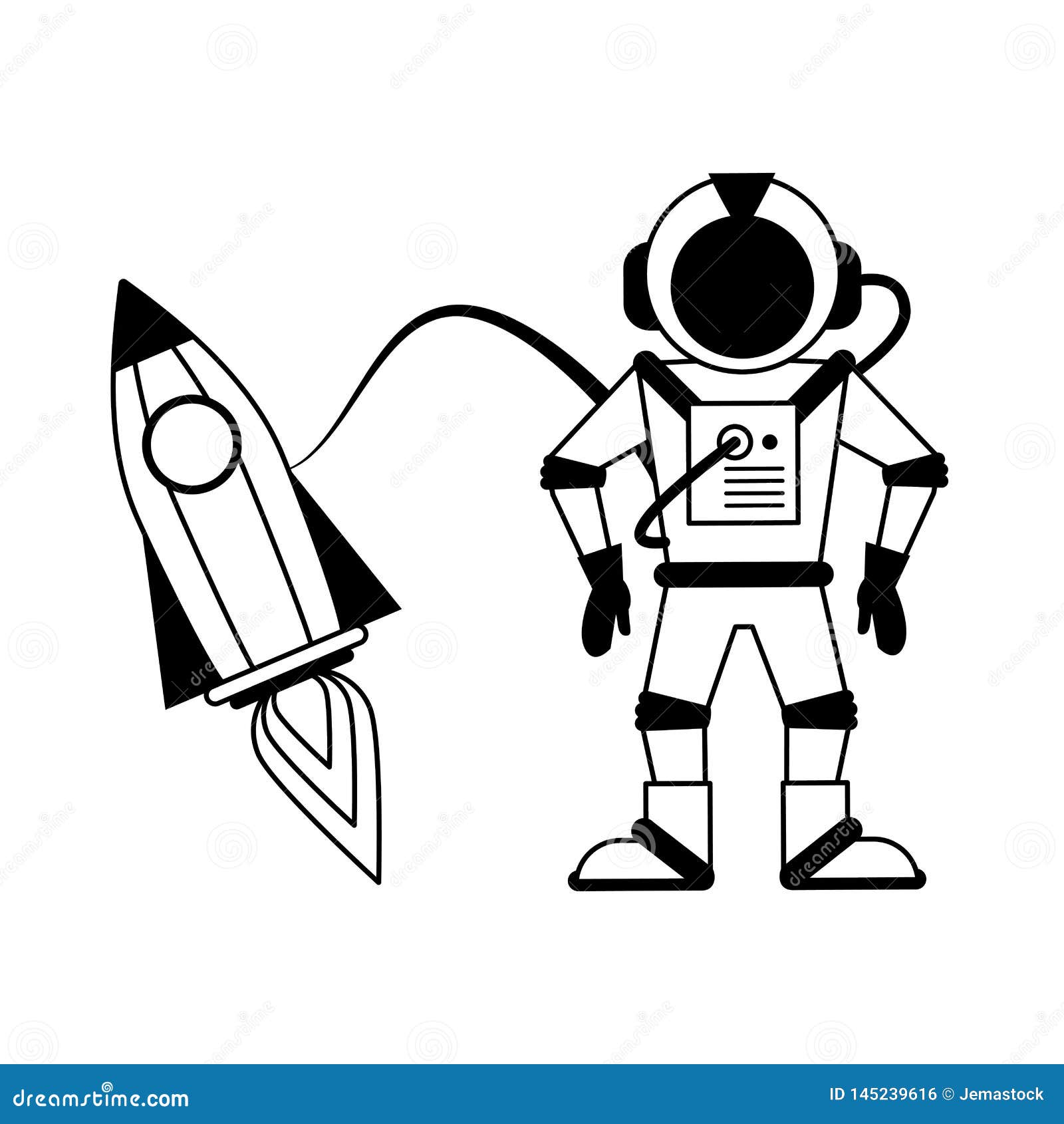 Astronaut and Spaceship Cartoon in Black and White Stock Vector -  Illustration of rocket, cosmos: 145239616