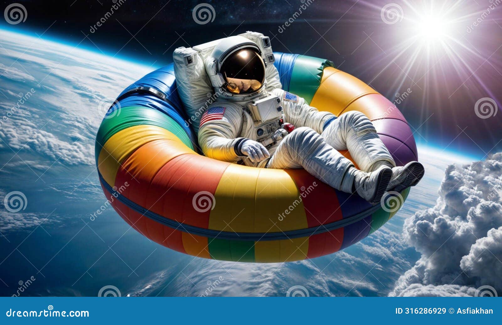 an astronaut in a spacesuit is floating in a rainbow-colored donut d tube