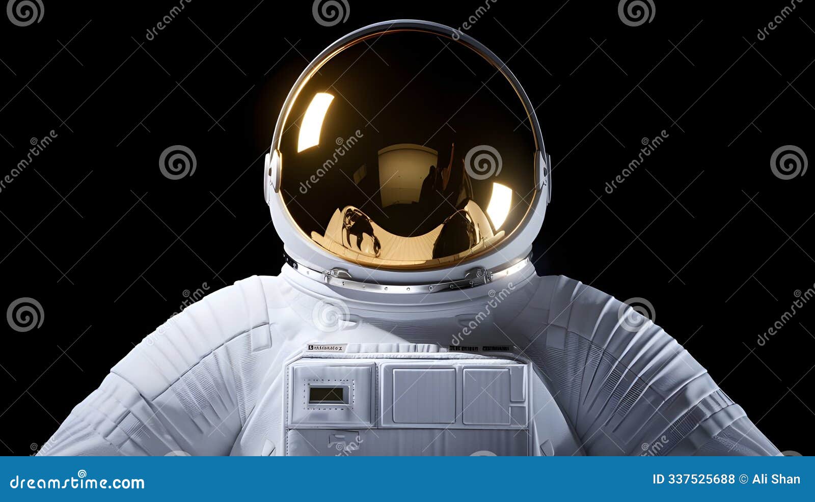 astronaut in spacesuit with golden visor agnst black background