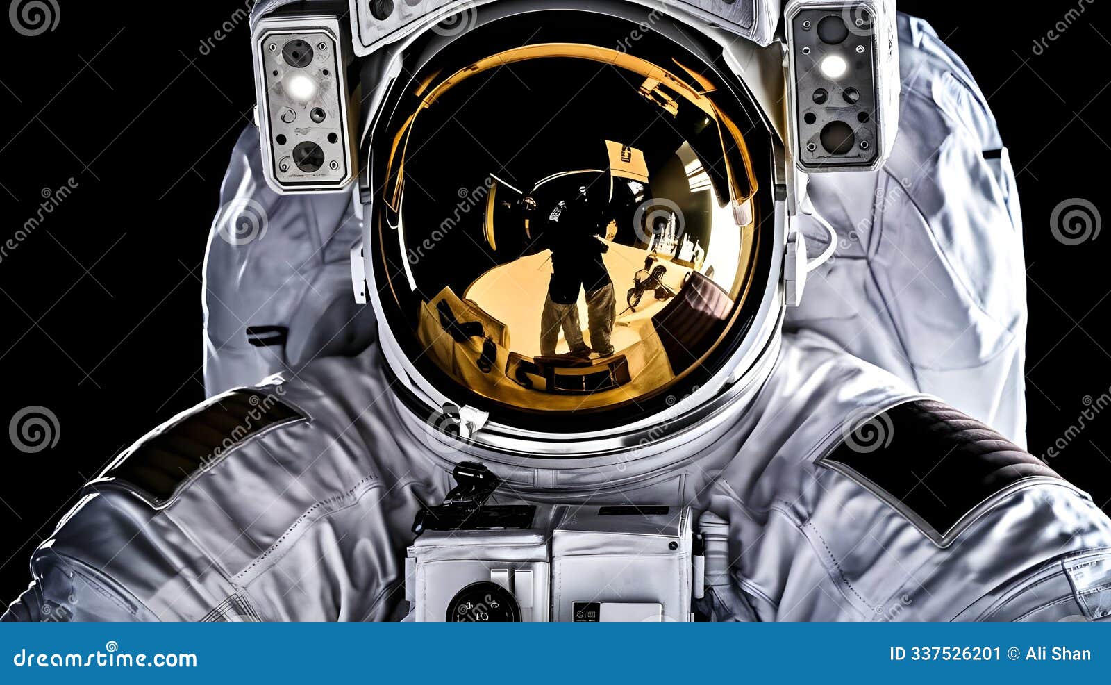 astronaut in spacesuit with golden visor reflection