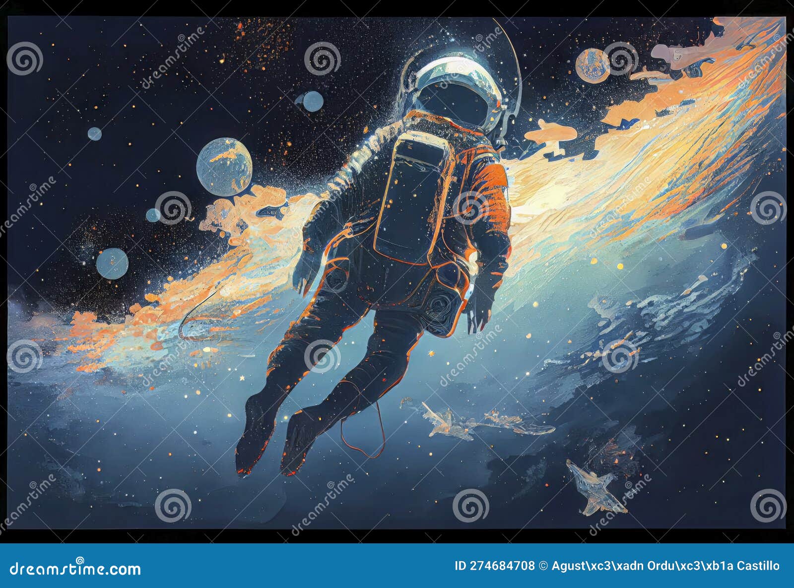 astronaut in a spacesuit gravitating in space.