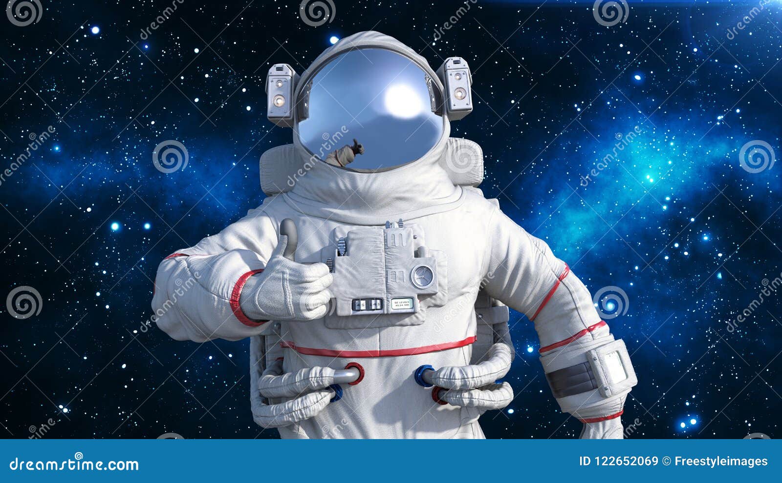 astronaut in spacesuit showing thumbs up, cosmonaut floating in space, close up view, 3d render