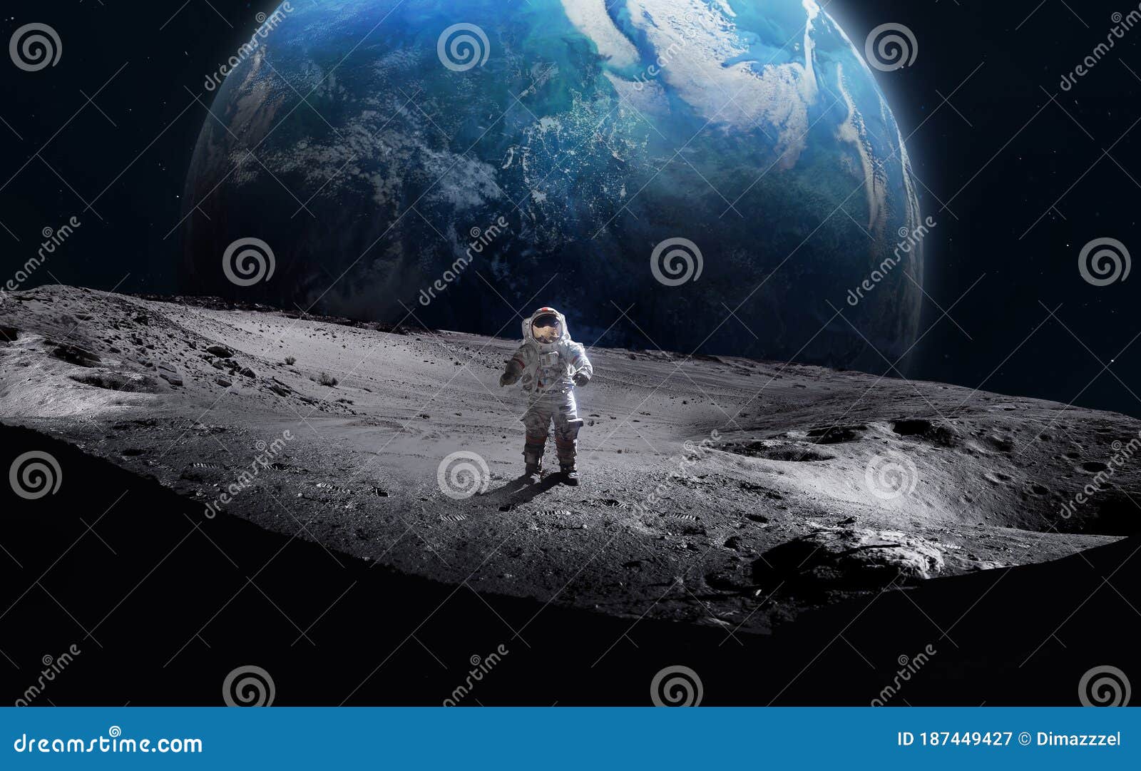 astronaut on surface of the moon. earth on background.