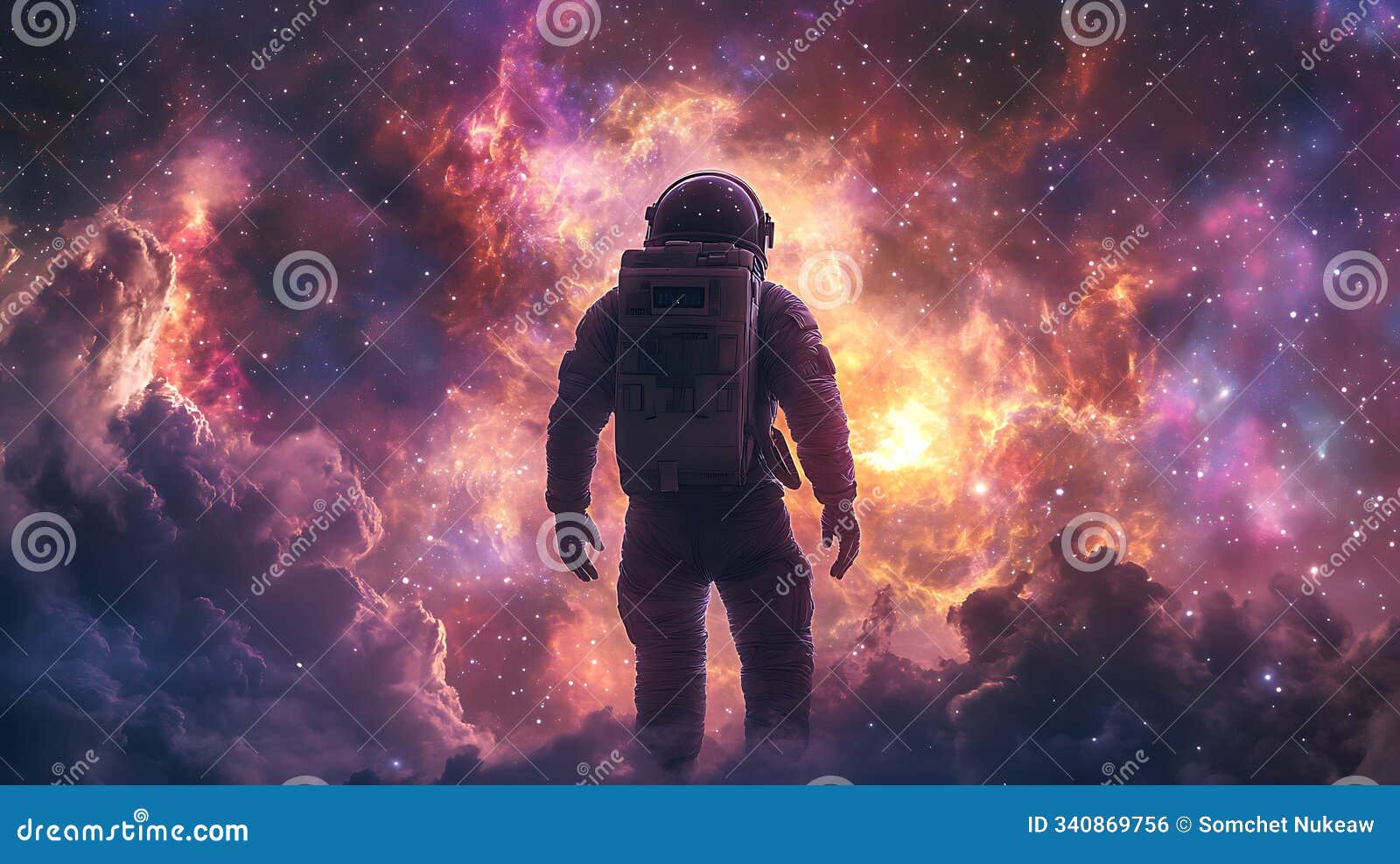 astronaut in a vibrant cosmic landscape, deep space exploration