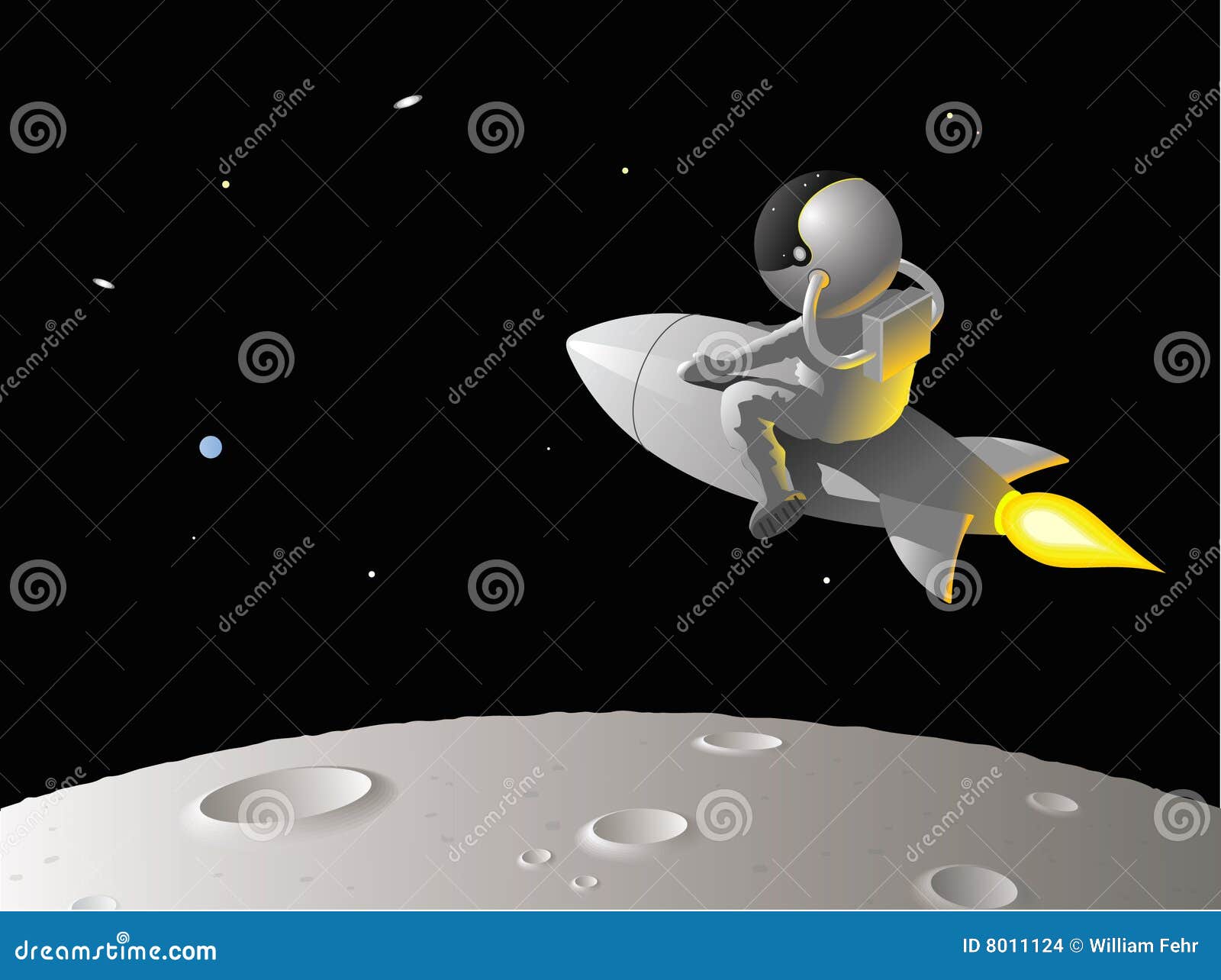 Astronaut vom Mond. Astronaut oder Kosmonaut, die eine Rakete um den Mond reiten.