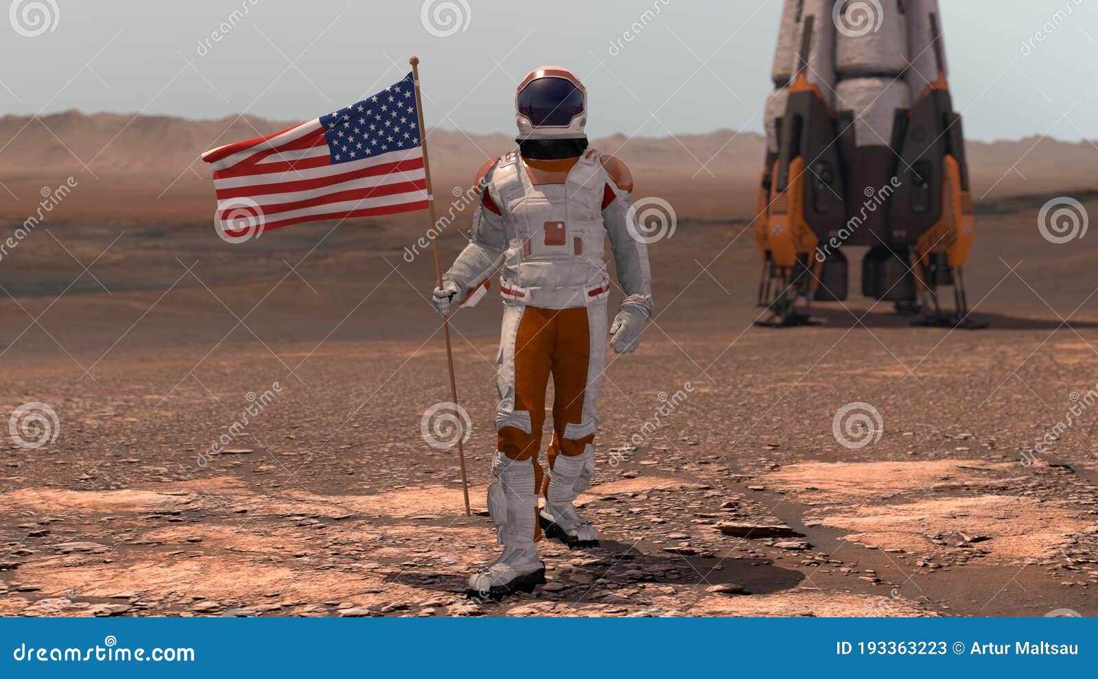 astronaut walking on mars with american flag. exploring mission to mars red planet. futuristic colonization space exploration