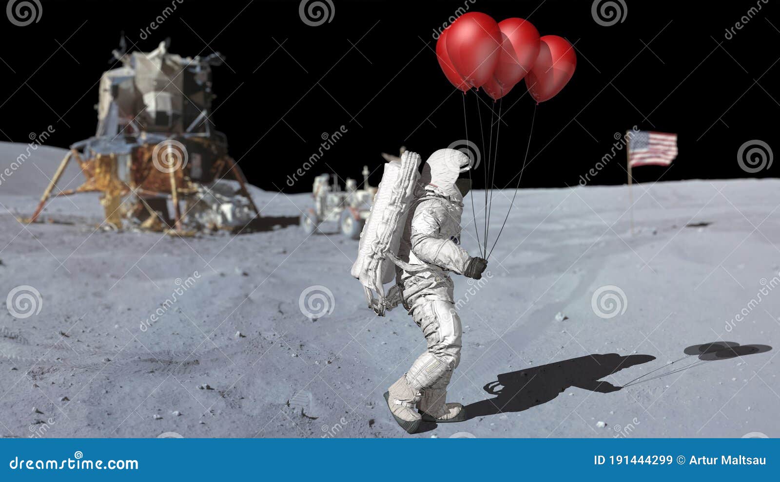 Astronaut Walking On The Moon With Red Balloons Elements Of This Video Furnished By Nasa 3d Rendering Stock Illustration Illustration Of Crater Apollo