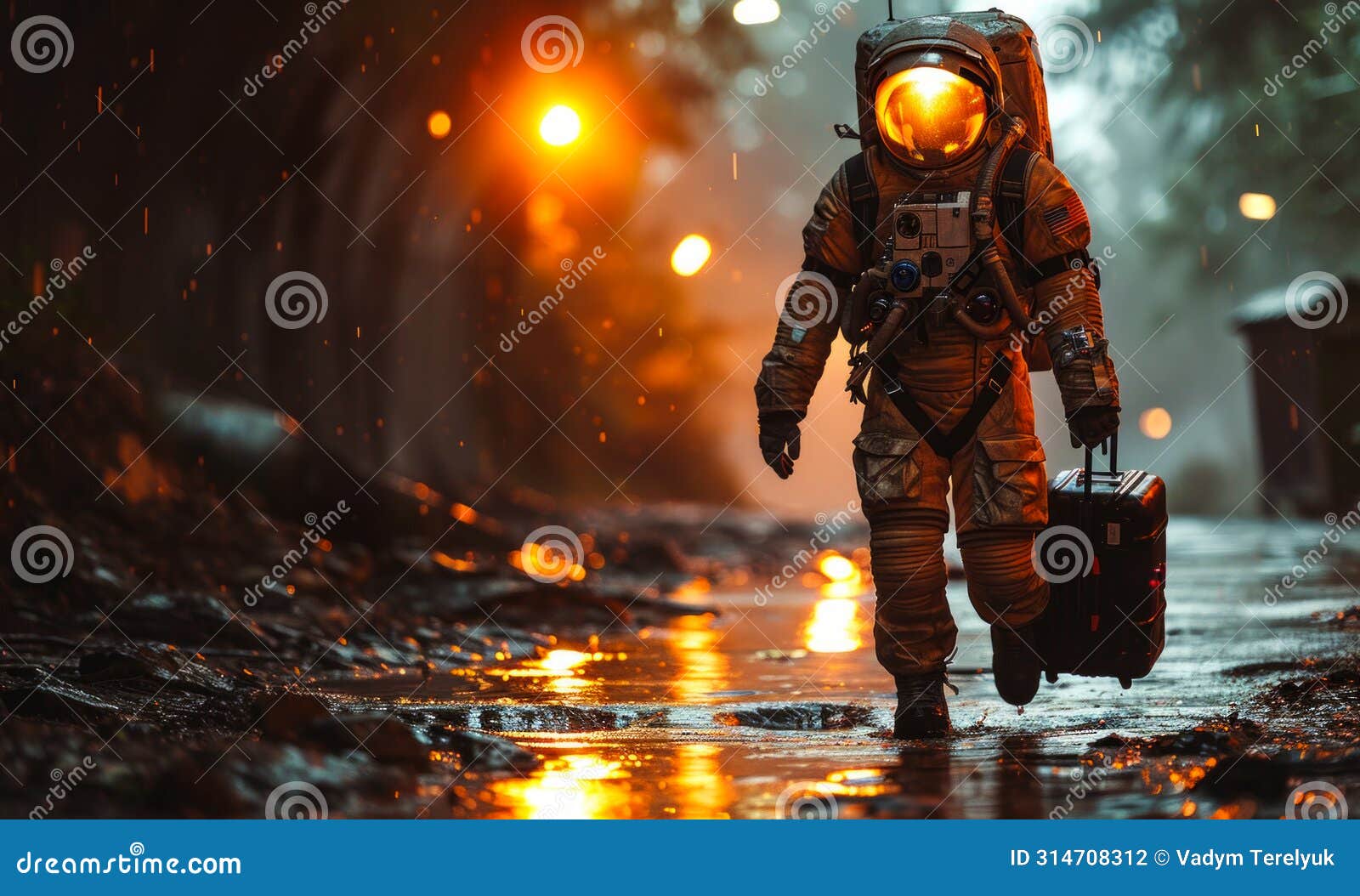 astronaut walks on the wet road with suitcase in the rain foto de archivo
