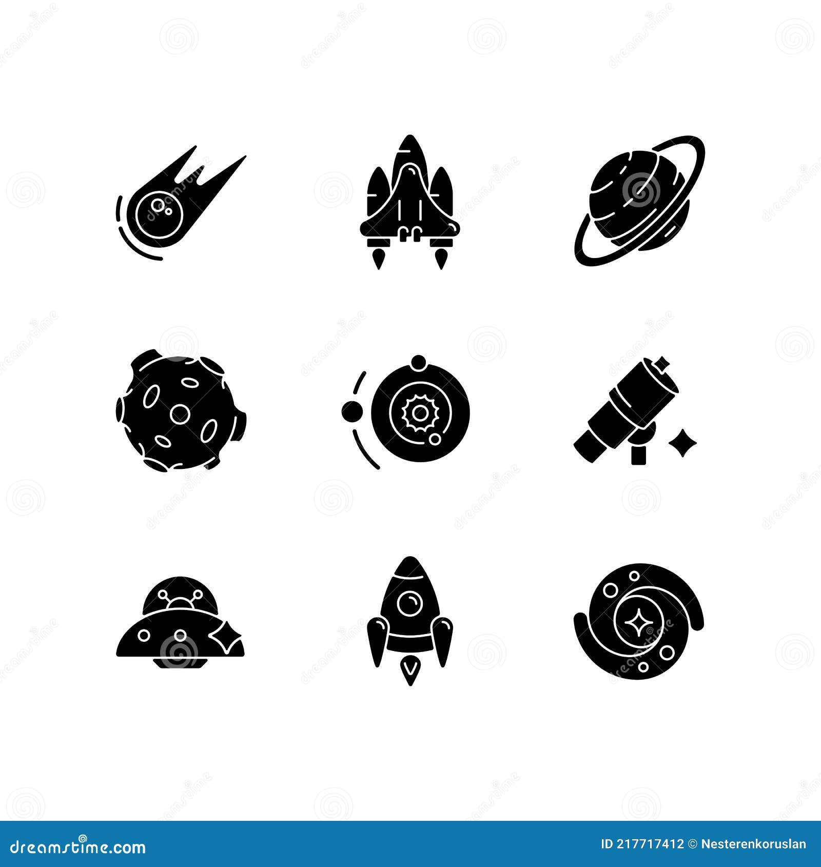 astronautic black glyph icons set on white space