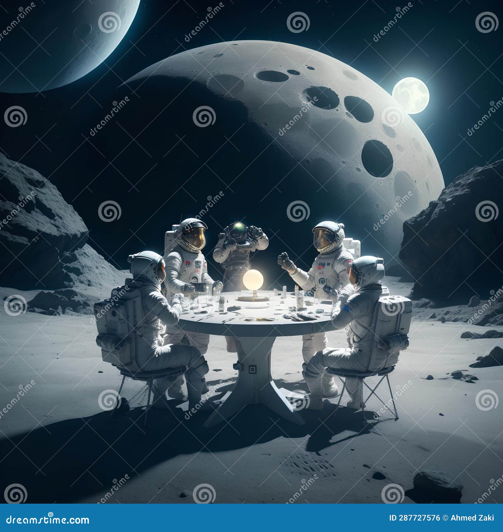 Astronauts Sitting At Around Table On The Moon With A Mystical Astronauts Sitting At Around Table On The Moon With A Mystical