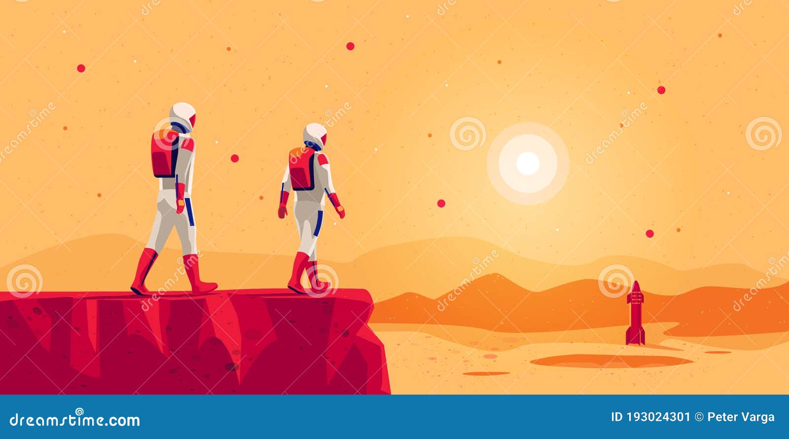 astronauts walking on mars surface with space starship rocket