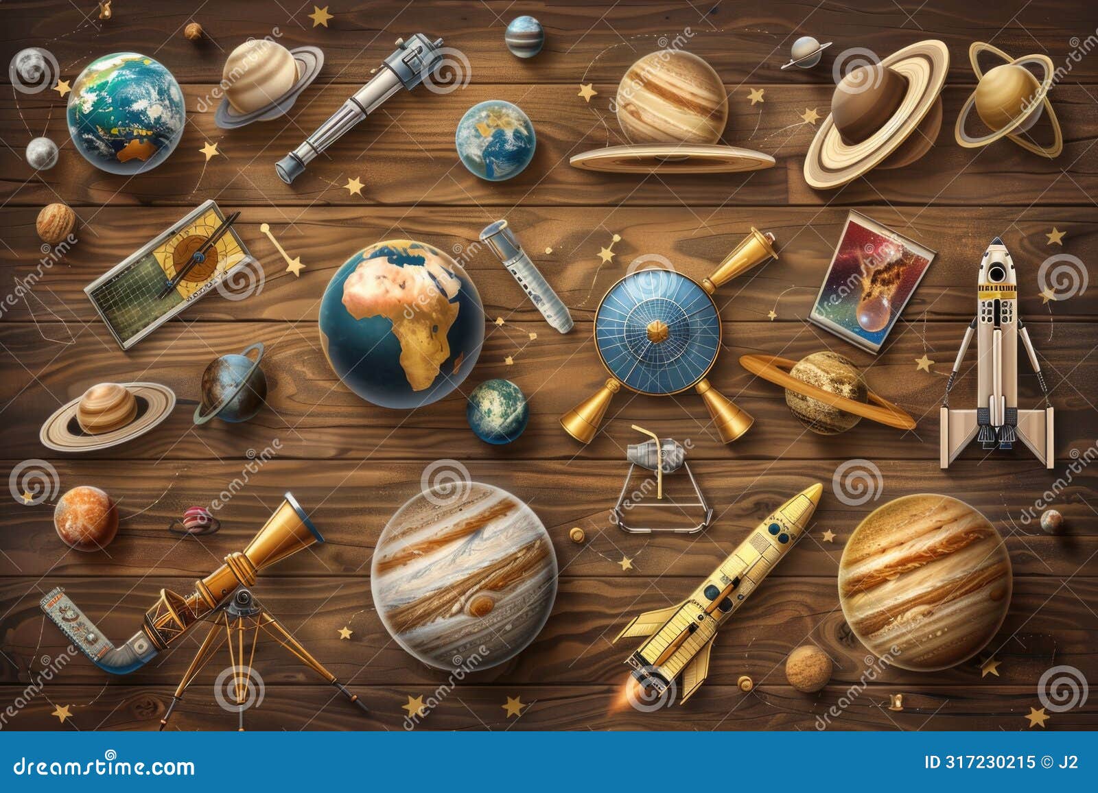 astronomy day celebration with telescopes, planets, and celestial phenomena on wooden background