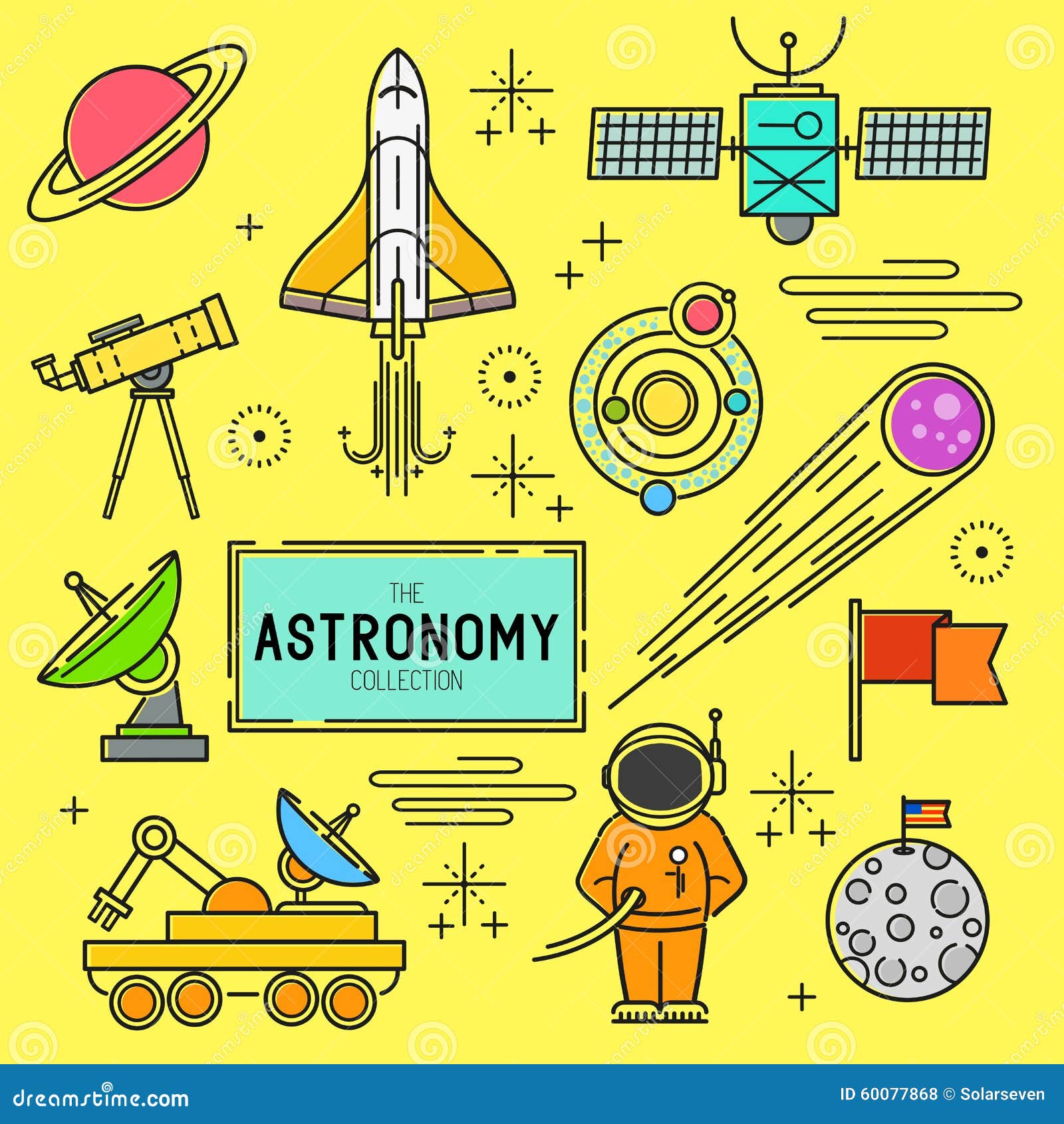 Vetor de Outer space vector objects and writings. Alien, ufo, planets, comet, satellite, solar system, meteorite, stars, rocket and other space icons. Cute, simple black outlined, hand drawn galaxy set. do Stock