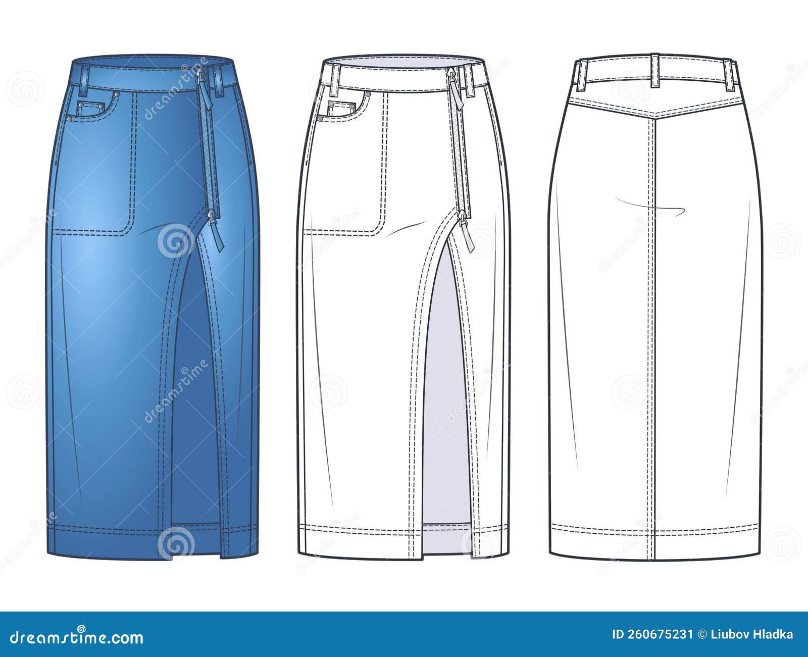 Asymmetric Denim Skirt Technical Fashion Illustration, Blue Design ...