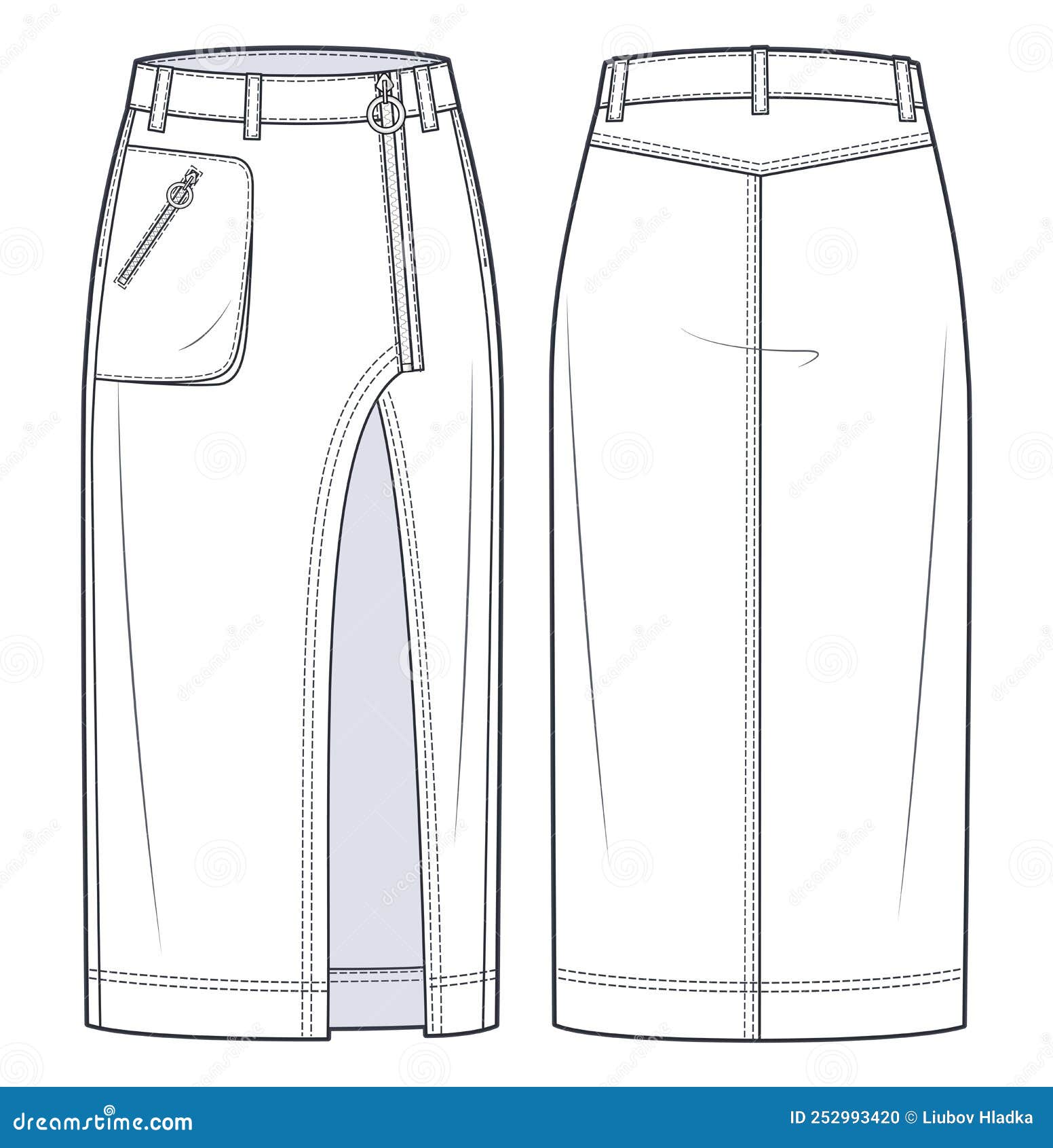 Asymmetric Denim Skirt Technical Fashion Illustration. Midi Skirt ...